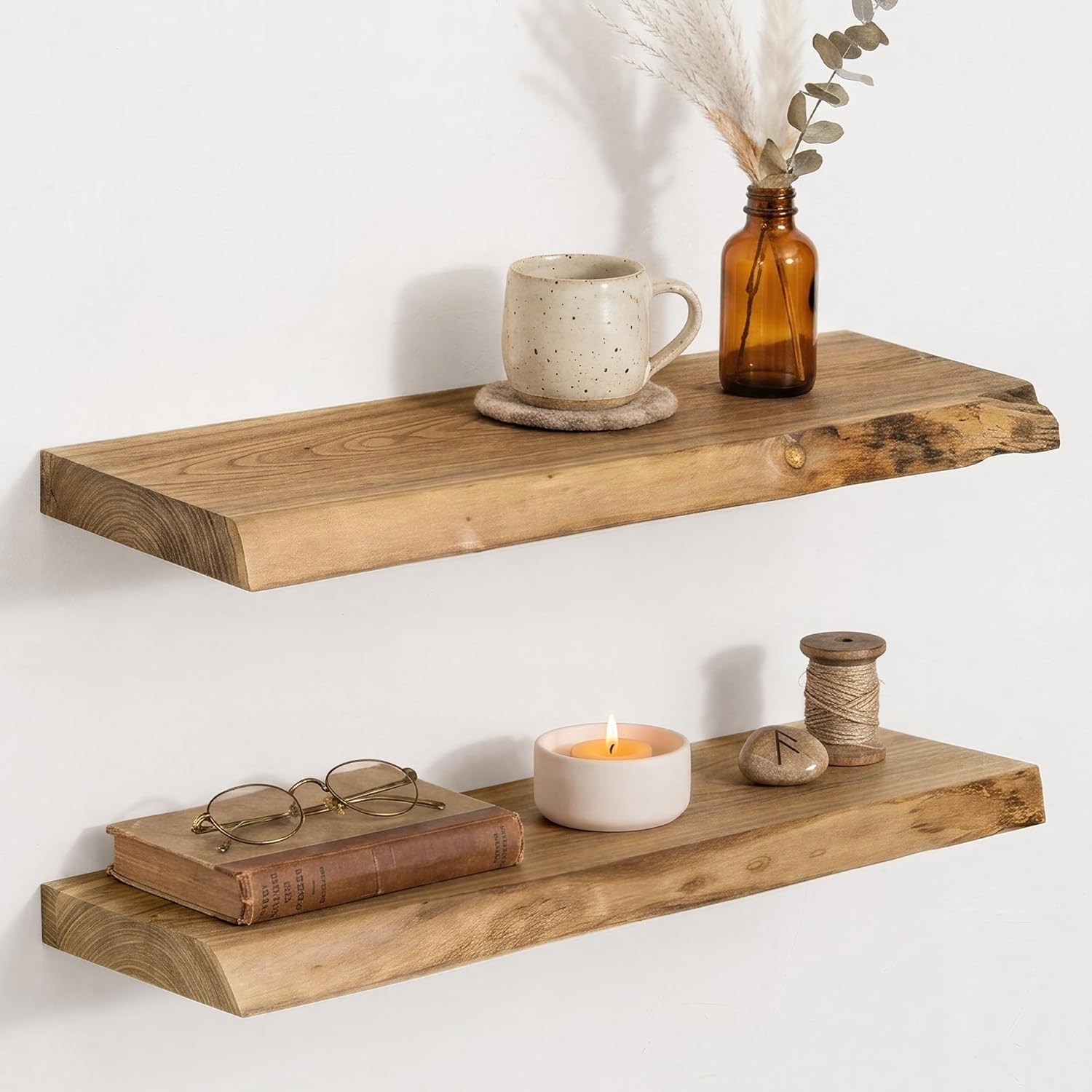 Acovy 24" Long 8" Extra Deep Live Edge Solid Locust Wood Floating Shelves, Invisible Bracket Mount, Set of 2 Natural Rustic Wall Shelves for Living Room Bathroom Bedroom Kitchen