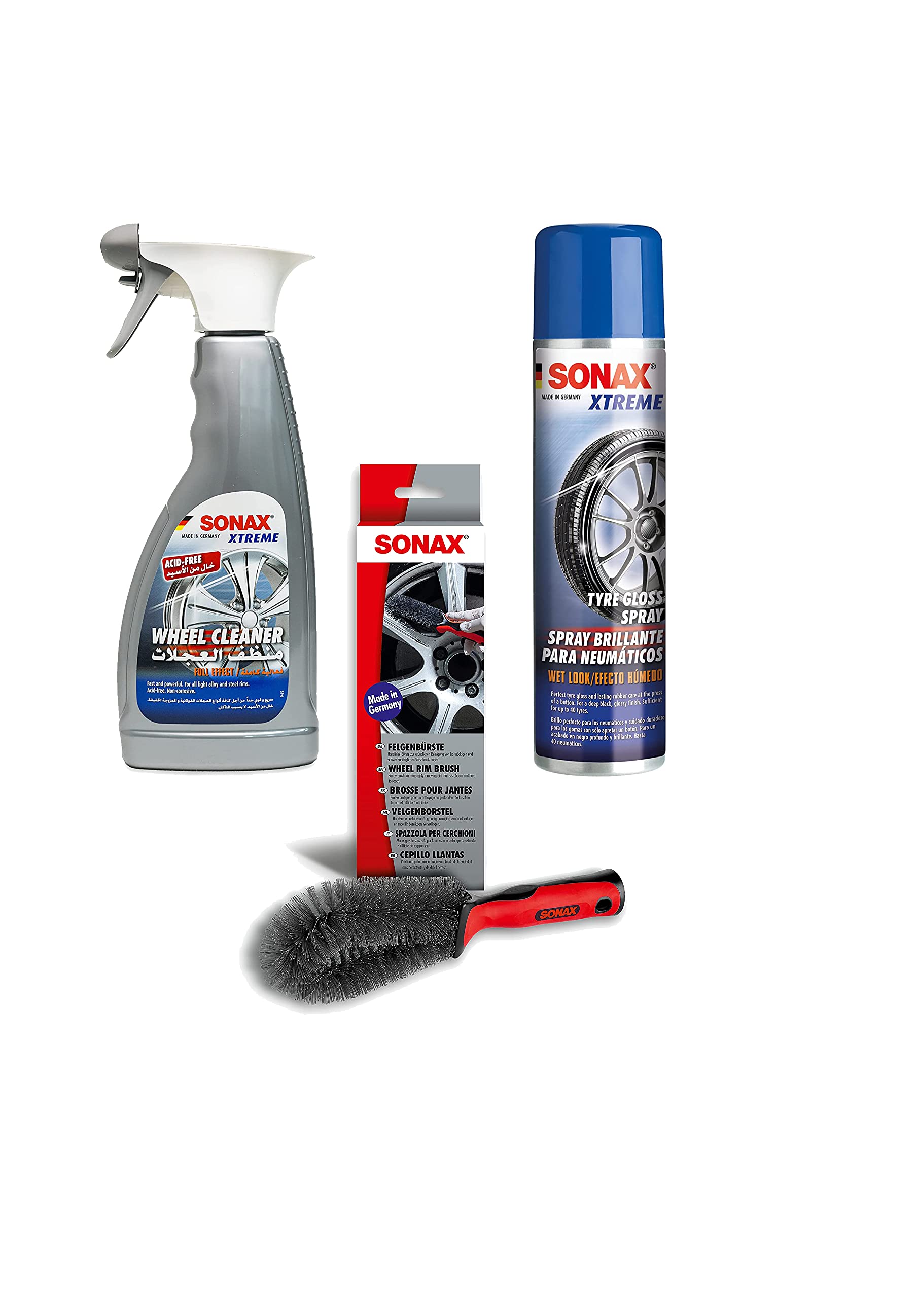 Sonax Wheel & Tyre Xtreme Bundle - Includes Tire Gloss Spray (235300), Rim Cleaner (230200), and Ultra-Soft Rim Brush (417900)
