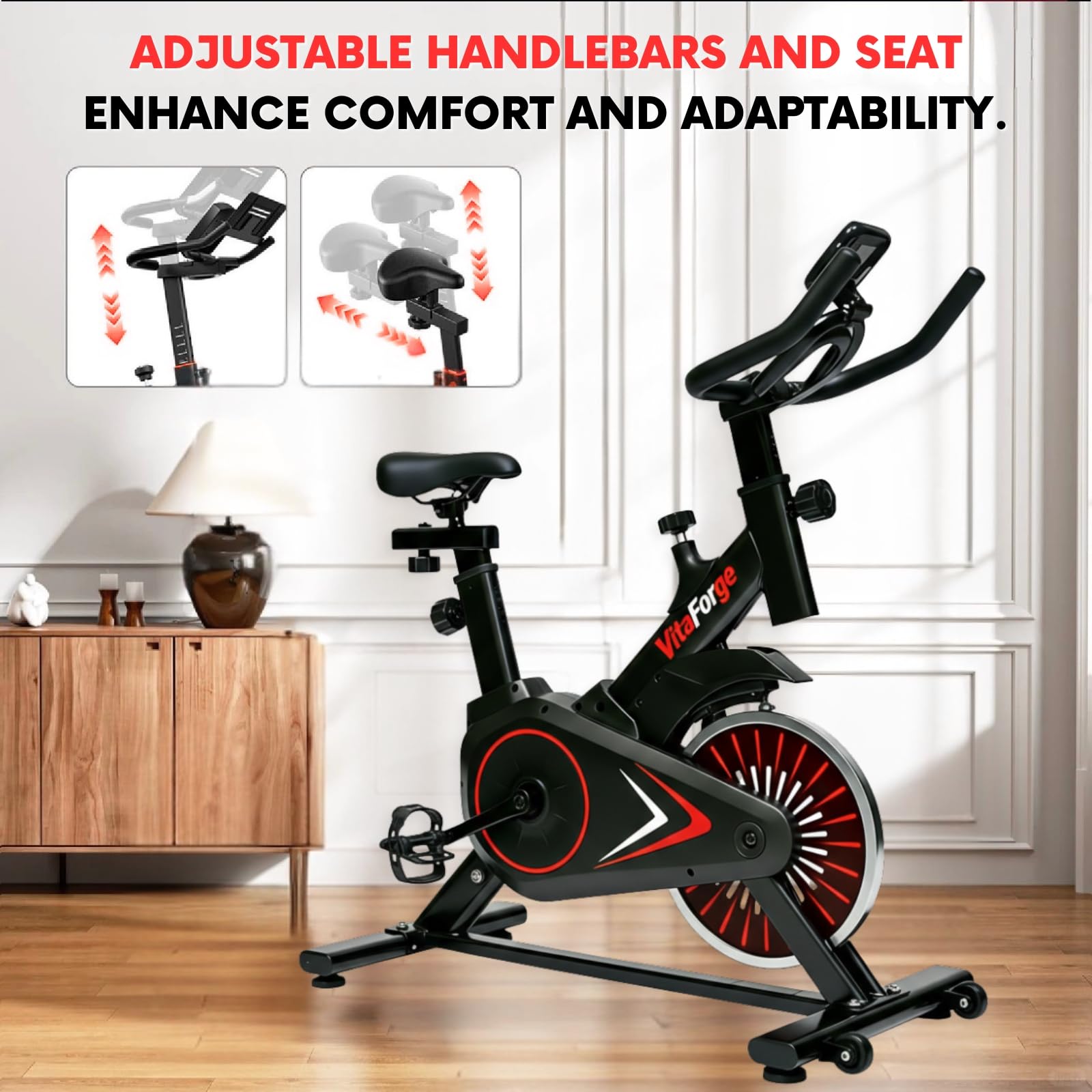 Vélo d'appartement magnétique silencieux réglable, Entraînement cardio compact Noir/Rouge