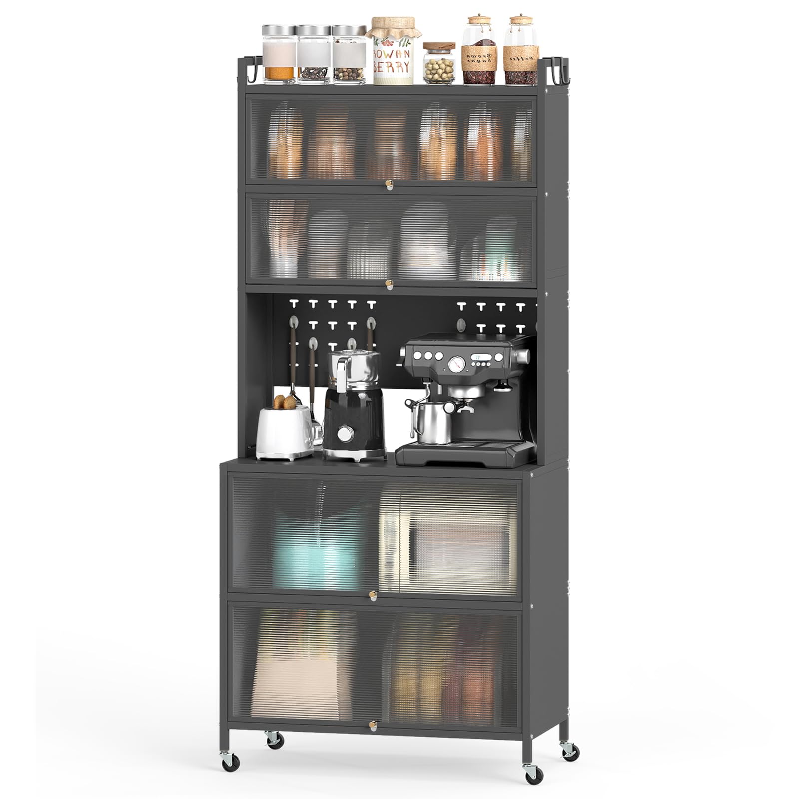 KOMFOTTEU Aparador de Cocina 5/6 Niveles, Mueble Buffet con Puertas Transparentes, Soporte para Microondas de Metal con 4 Ruedas, Alacena Alta con Panel de Perforaciones (80 x 40 x 178 cm, Gris)