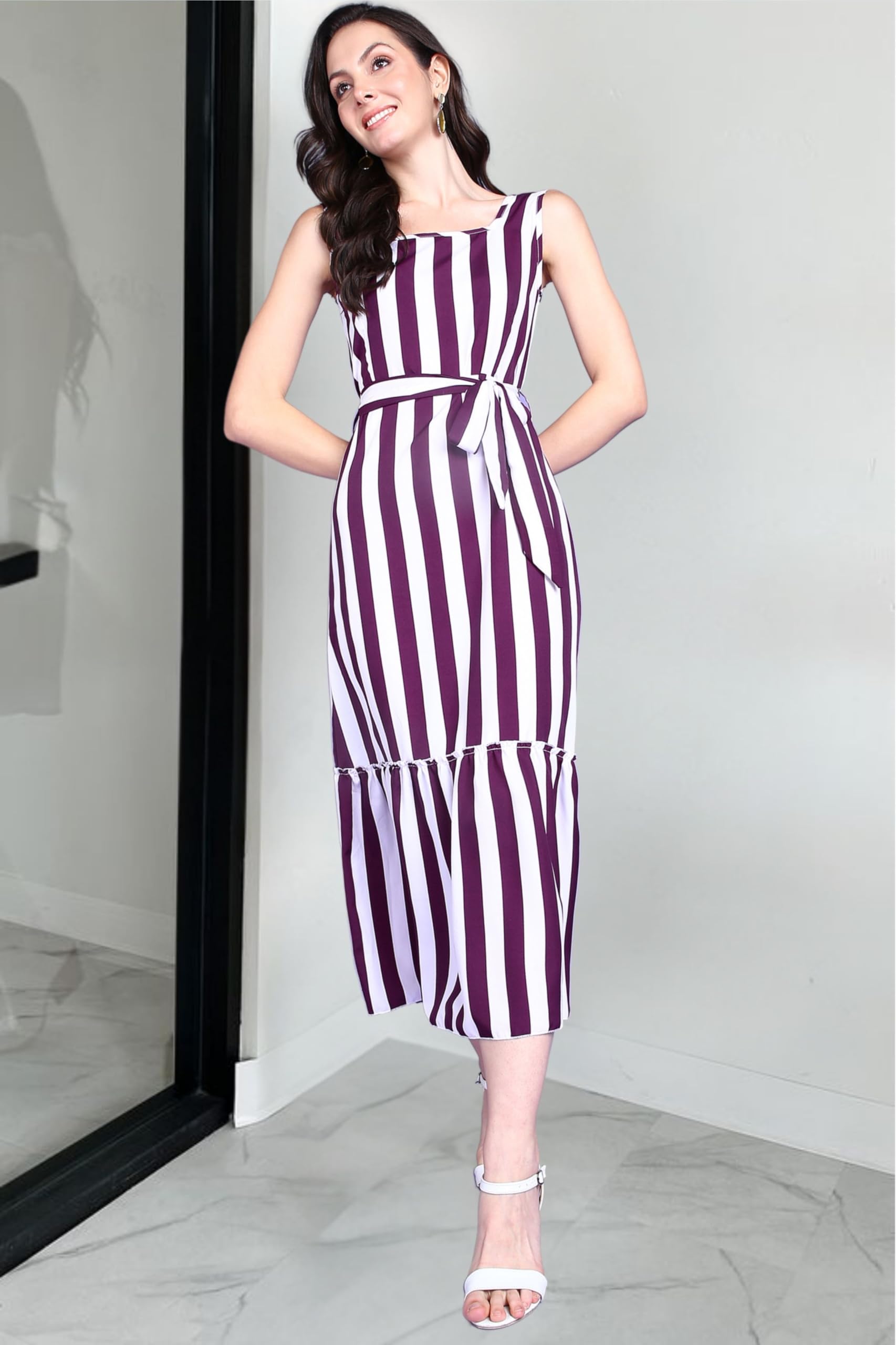 Popwings Women Casual Purple & White Stripe Long Belt Dress Dress | Stylish Dress | Trendy Dress