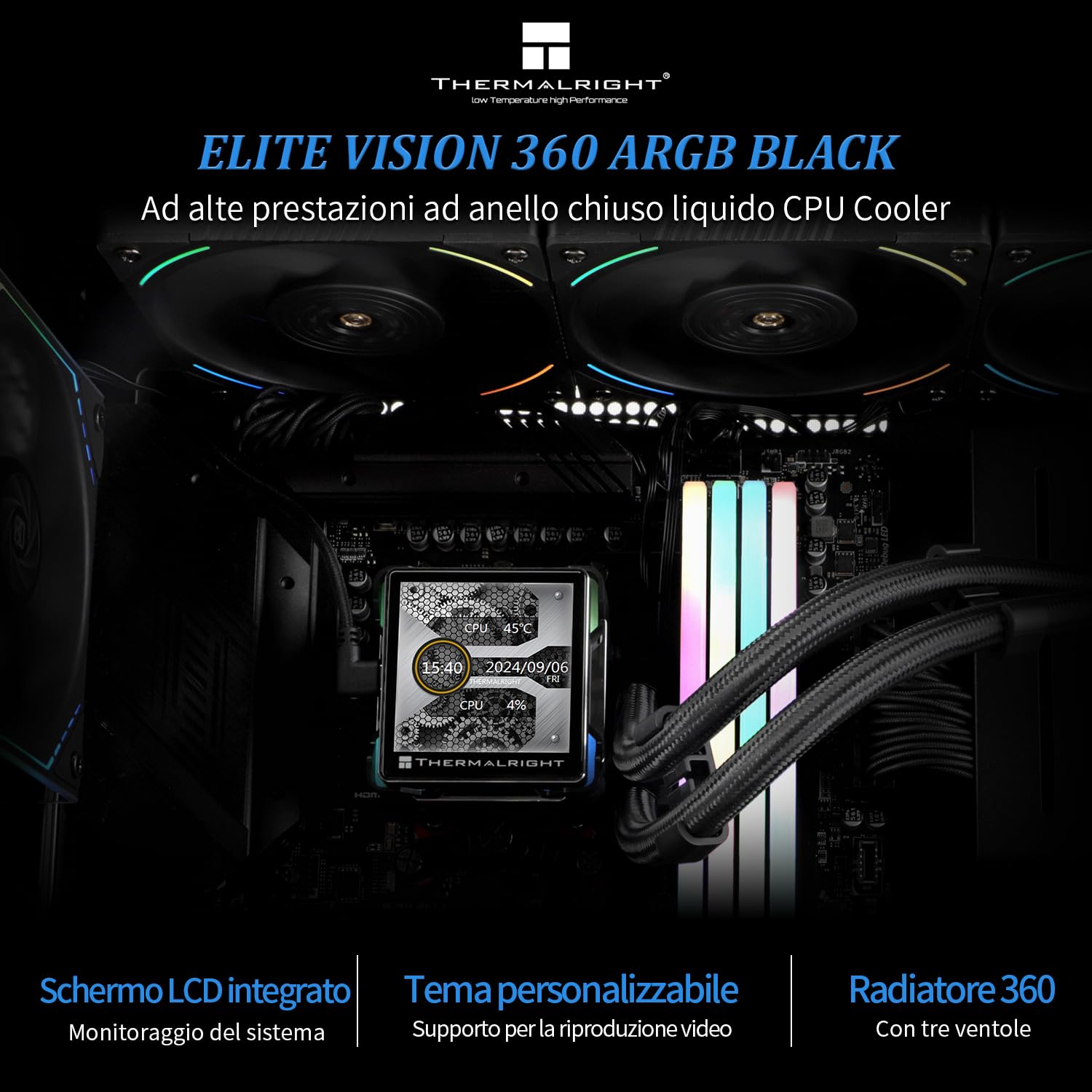 TR Elite Vision 360 ARGB BLACK CPU Water Cooler with TL-K12 PWM Fan, 2150RPM Speeds,IPS LCD Screen with 320 * 320 Resolution,Liquido CPU Cooler,for AM5/Intel 1851/1700,2.73inch Display Screen