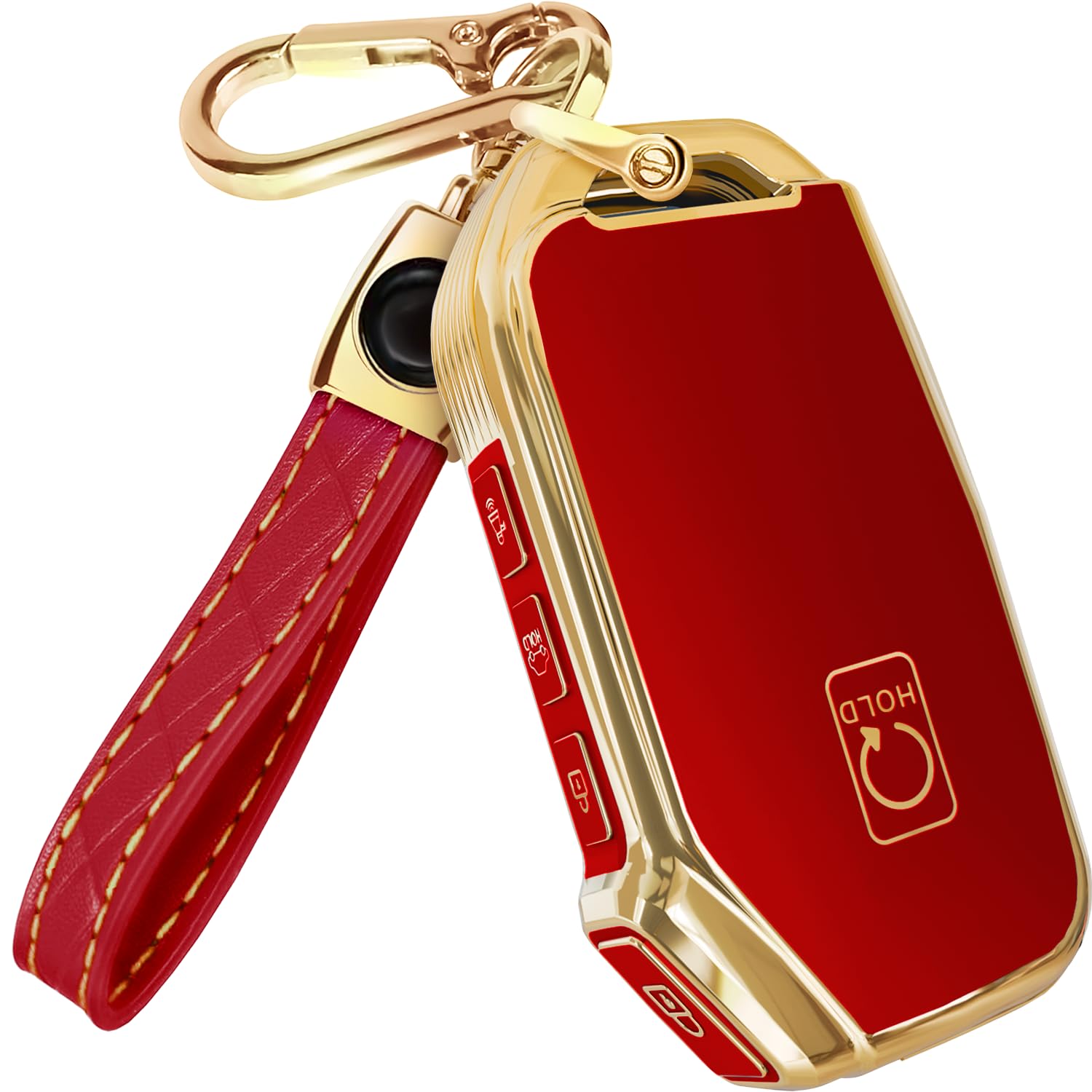 Photo 1 of Lucrum for Kia Key Fob Cover and Leather Keychain - TPU Key Case for Kia Sportage, Soul, Forte, Telluride, EV6, Niro, K5, Stinger - 2018-2023 Keyfob Cover - Red and Gold