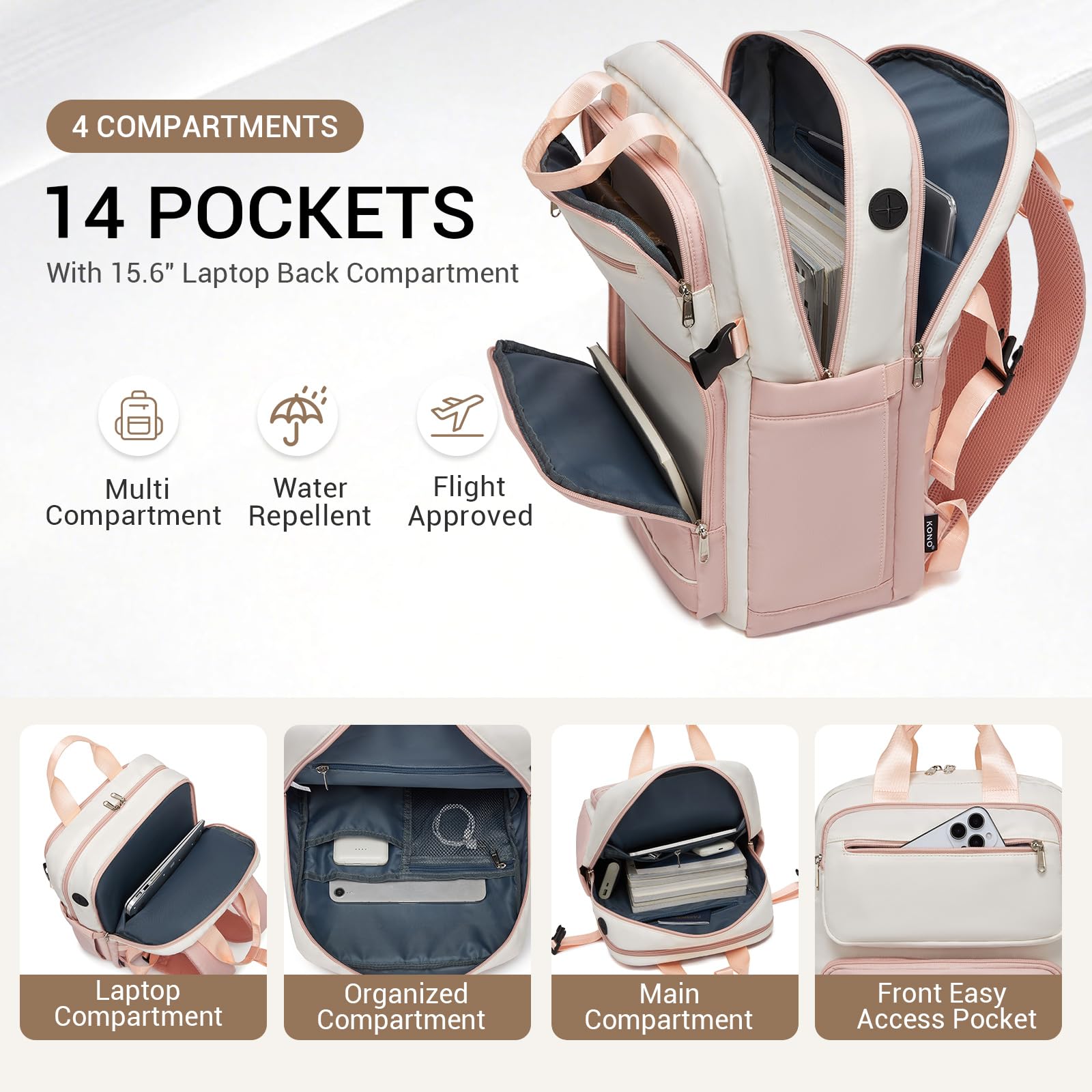 Kono Mochila para Ordenador Portátil Mujer, Mochilas para Ordenador de 15,6 Pulgadas para Trabajo, Mochila Informal para Viajar, Colegio, Oficina — view 2