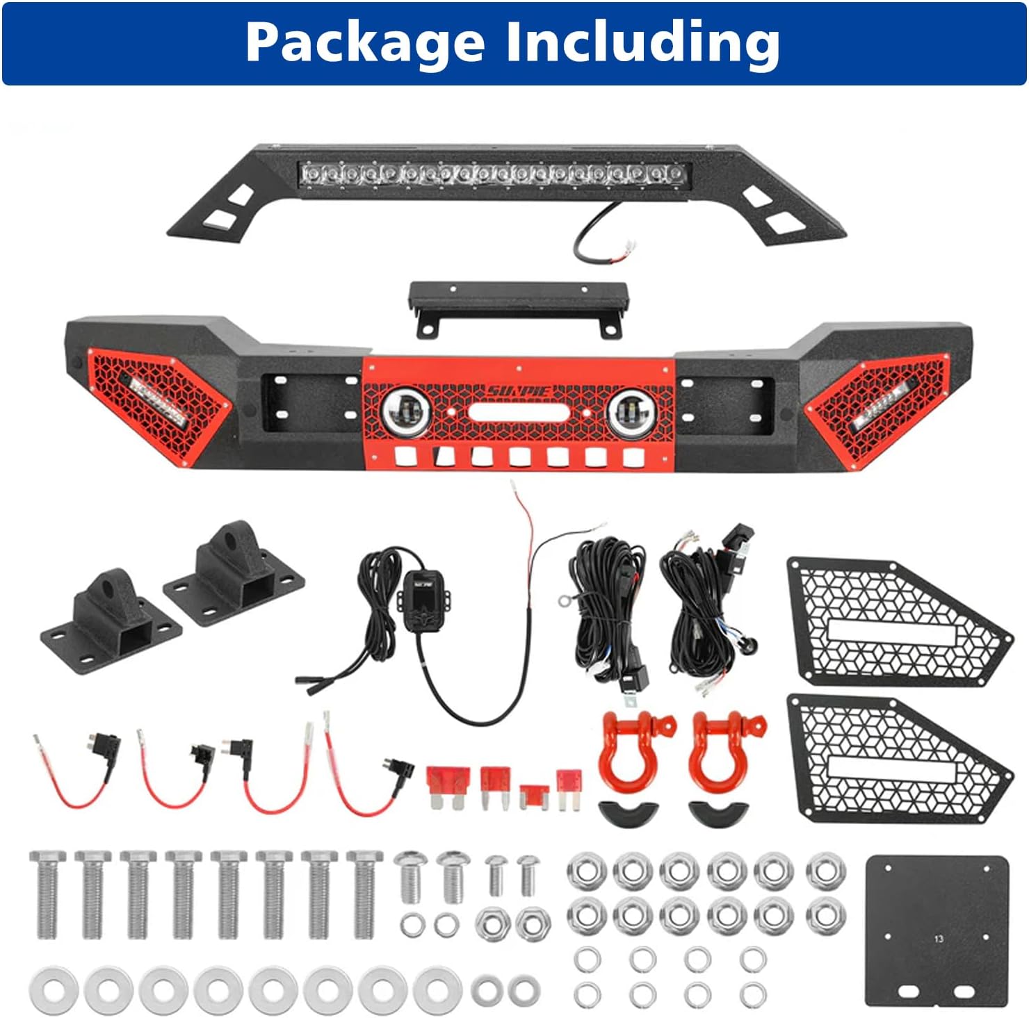 SUNPIE Front Bumpers Compatible with Jeep Wrangler JK/JKU/JL/JLU & JL 4XE 2007-2026, Jeep Gladiator JT 2019-2026, w/Winch Plate, Sensor Hole, License Plate, Textured Black, Including Manuals