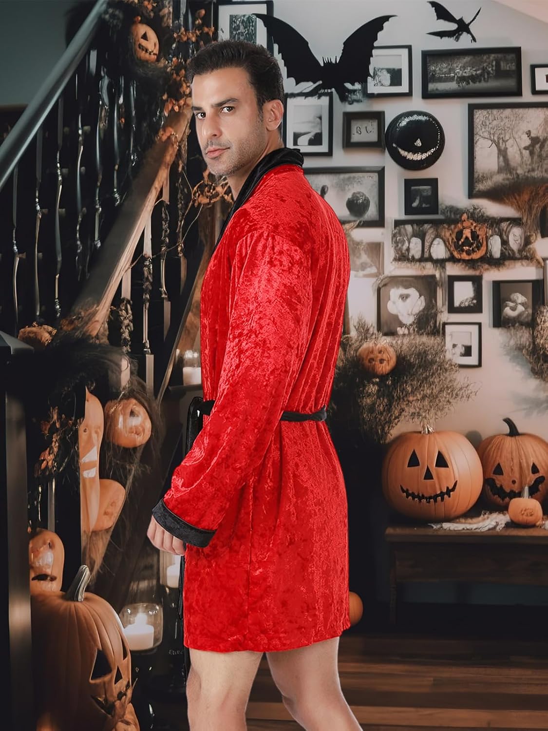 Halloween Men's Red Velvet Robe Smoking Jacket, Adult Halloween Costumes with Belt Captain Hat - Image 6