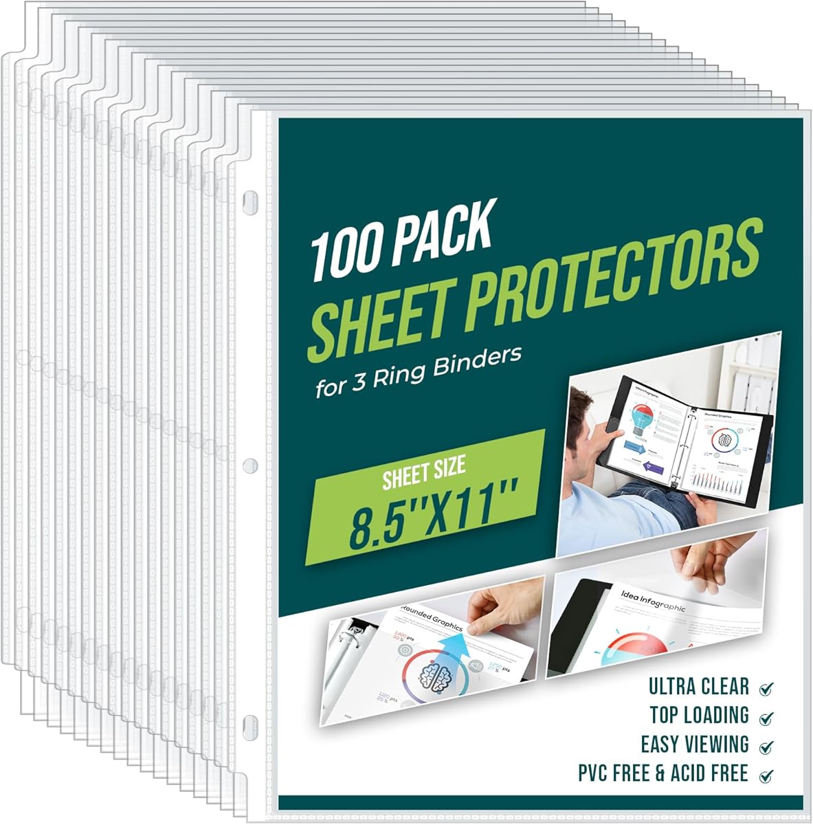 Sheet Protectors 8.5 x11 Inch Clear Page Protectors for 3 Ring Binder,100 Pack Plastic Sleeves for Paper,Documents and Photos,Top Loading Binder Sleeves Paper Protector Letter Size