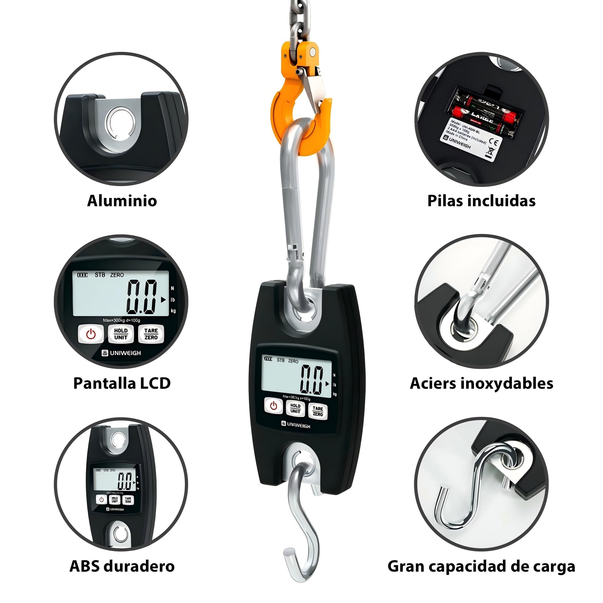 UNIWEIGH Báscula Colgante Digital 660lb/300kg, Bascula Industriales con Ganchos,Básculas de Equipaje con LCD/Funciones de Retención/Tara para Pesaje,Granja Caza,Pesca al Aire Libre,Maletas(Negro)