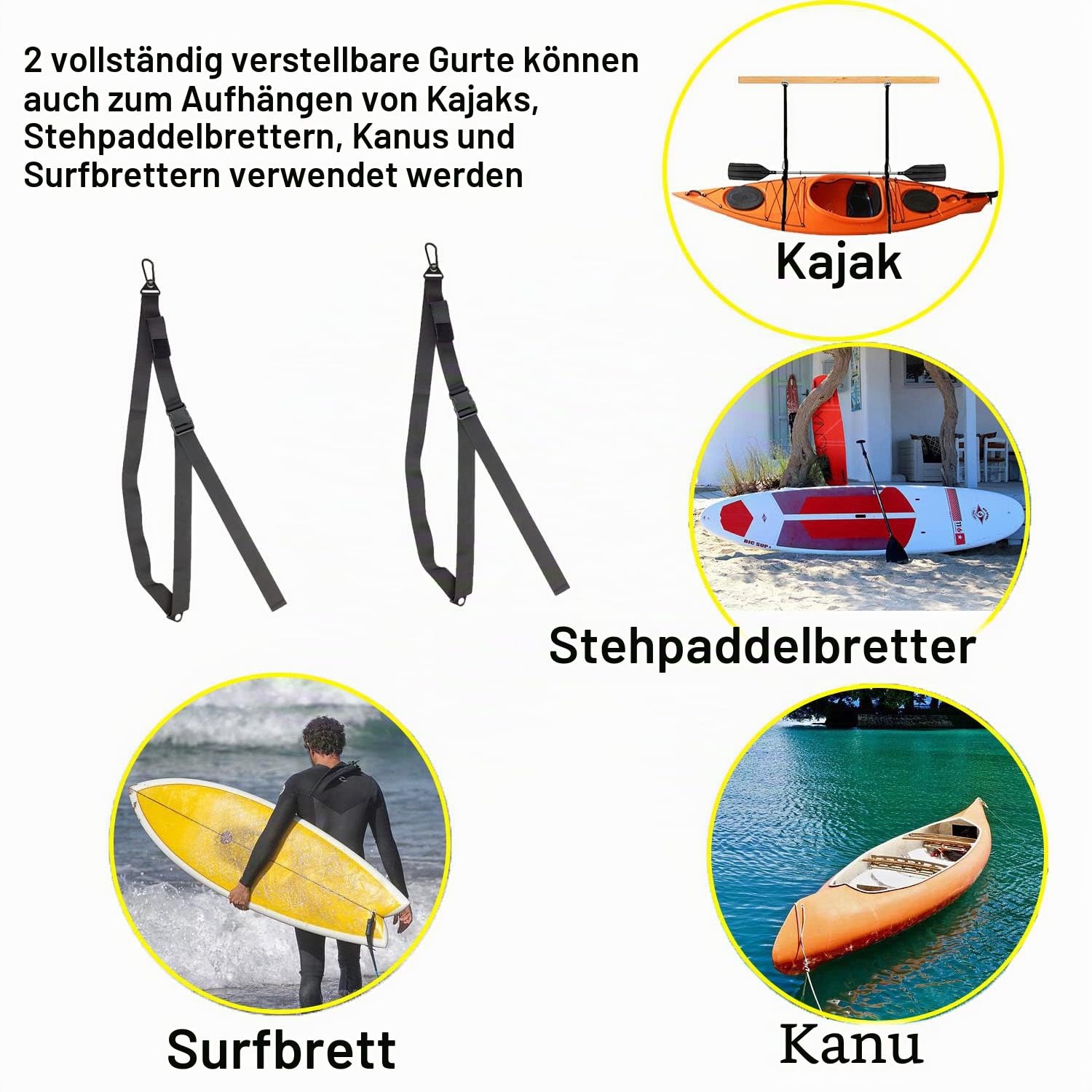YONGZHAO Kajak-Wandhalterung, SUP-Aufbewahrungsgurt, Surfbrett-Wandhalterung, Paddelbrett-Aufhänger Halterung mit Paddel-Clips für Garagen im Innen- und Außenbereich