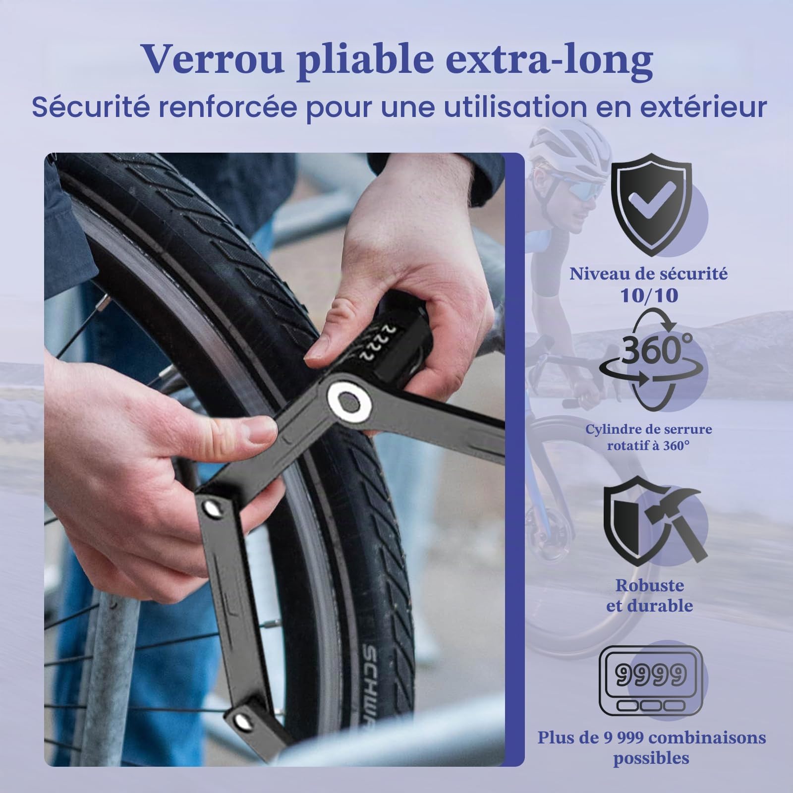 120 cm Antivol Vélo Pliable, Cadenas Velo avec Support | avec Combinaison à 4 Chiffres, avec 10000 Combinaisons Possibles, Protection Antivol et Haute Sécurité, Robuste et Résistant