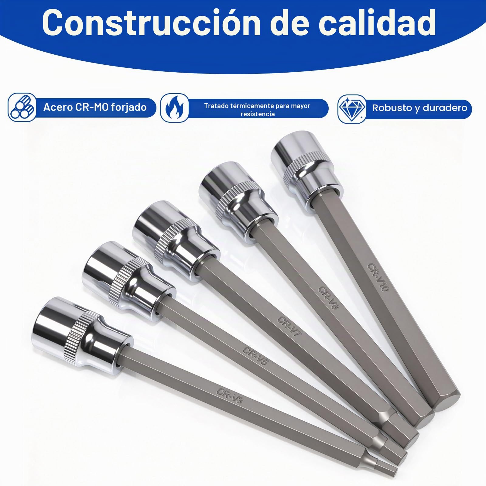 Juego de llaves de vaso largas de 7 piezas 3/8", juego de llaves de vaso hexagonales, juego de llaves Allen H3 H4 H5 H6 H7 H8 H10| L 110 mm| Acero CV