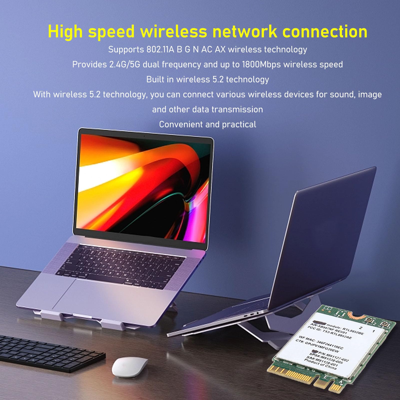 Topiky Carte WiFi RTL8852BE AX210NGW, Carte sans Fil pour Ordinateur Portable WiFi6 M.2, Carte Réseau Double Bande 1800 Mbps pour PC, BT 5.2, Technologie MU MIMO