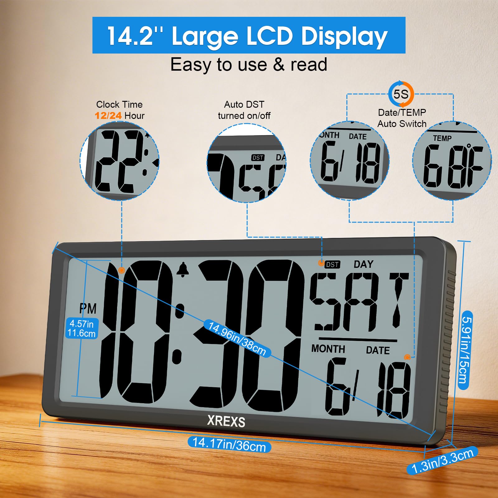 Amazon.com: XREXS 14.17 Inch Large Digital Wall Clock, Battery