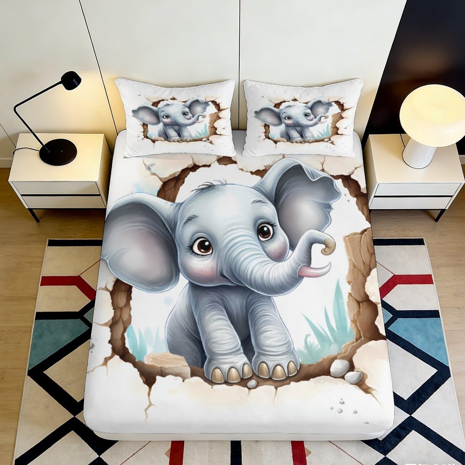 3D Printed Cute Elephant Fitted Sheet Microfiber Soft Breathable Cartoon Animal Bed Cover for Bedroom Dormitory Guest Room Mattress Protection Decor 120x200x25cm