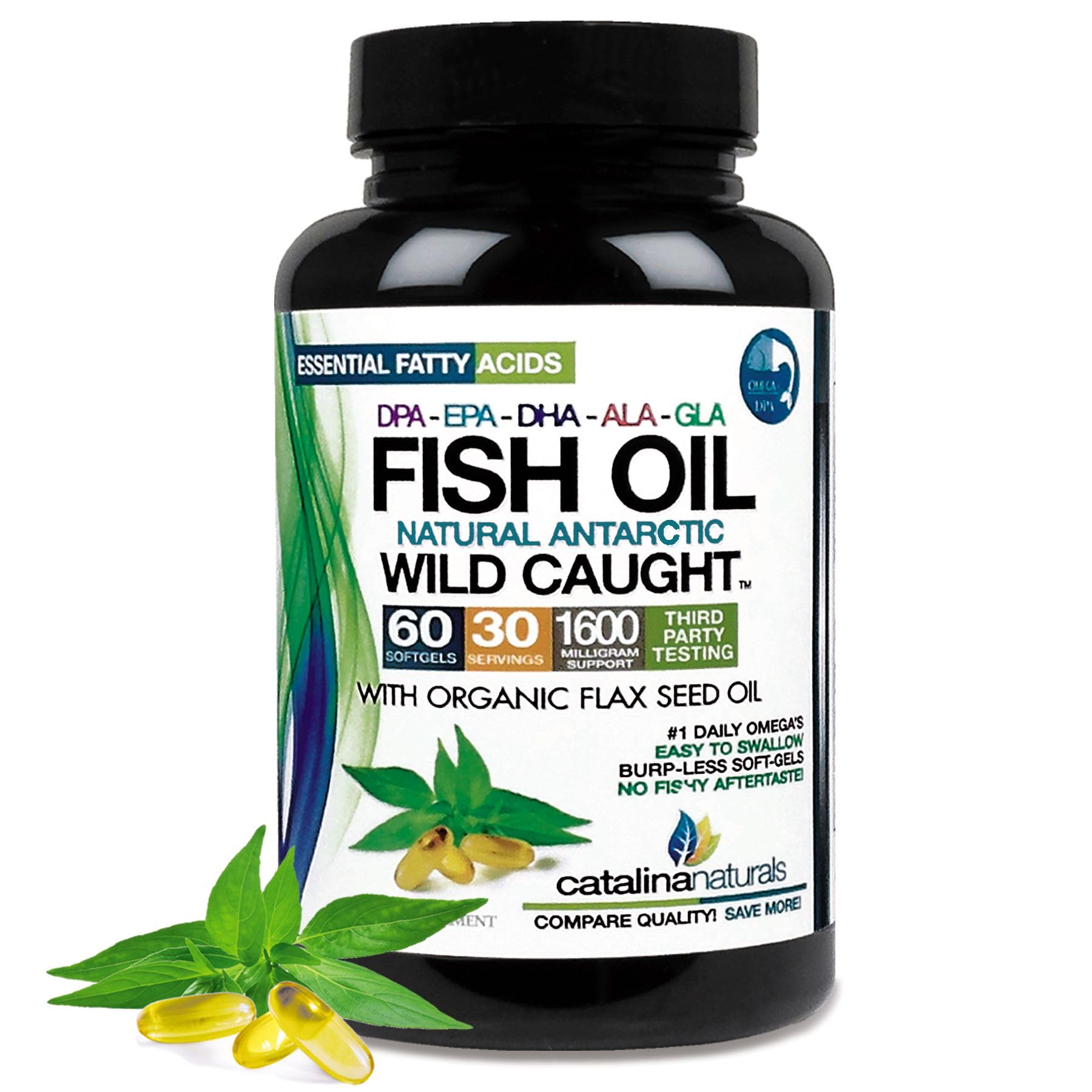 Triple Strength Fish Oil Wild Caught Antarctic Omega3 with Organic Flax Seed Oil - Omega 3-6-9 Ultra Pure with EPA-DHA-DPA-GLA-ALA, Light Vanilla Flavor