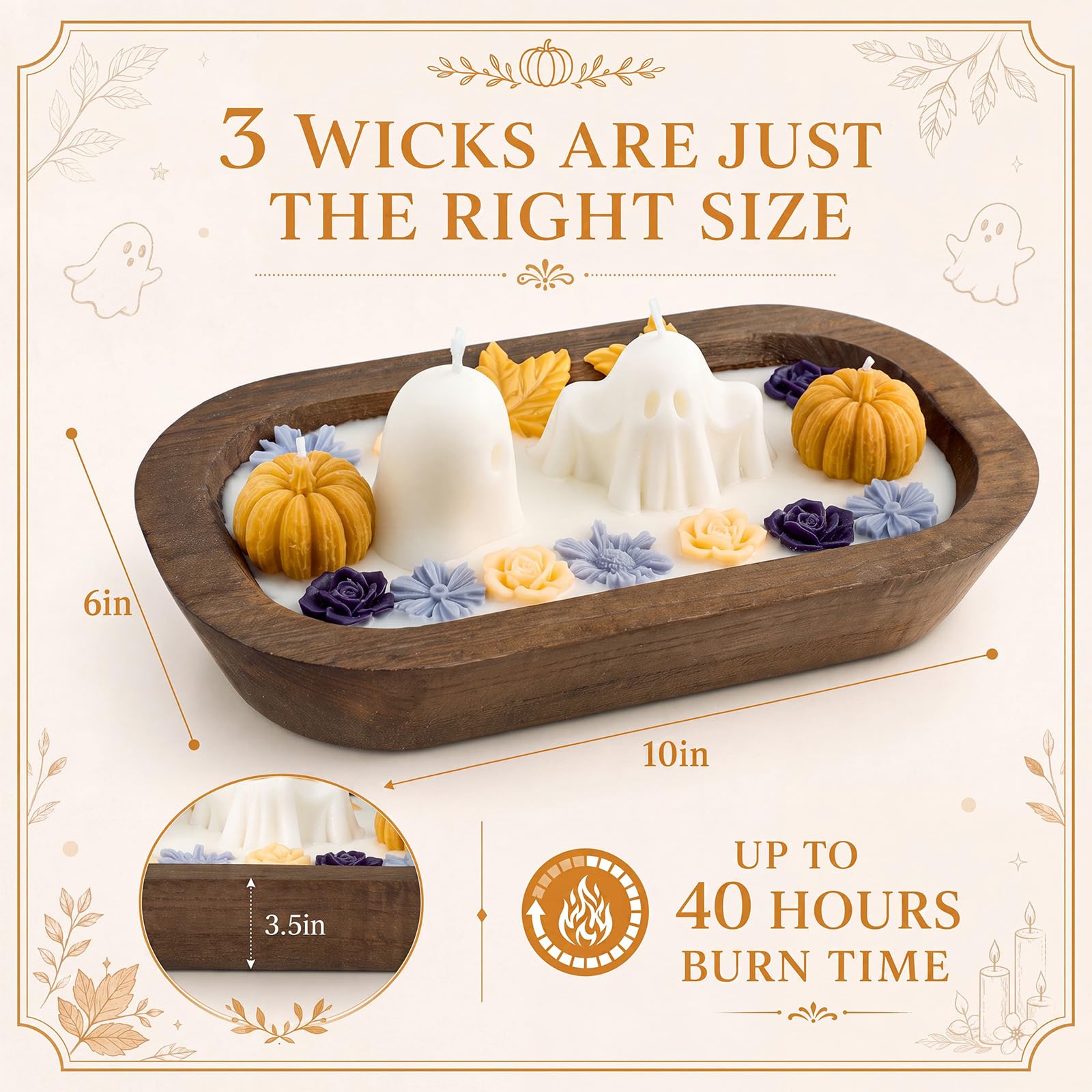 Siifert Vela de madera para Halloween con forma de cuenco de masa de fantasma, 3 mechas perfumadas con 100% cera de soja, decoraciones navideñas, decoración espeluznante de habitación