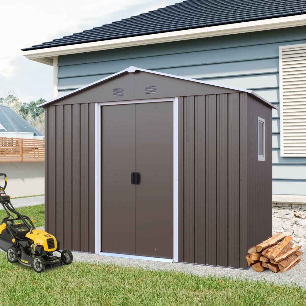 Outdoor Metal Storage Shed 8ft x 4ft with Window, Metal Foundation Frame, Punching Vents, Sliding Door, and Lock - Gray