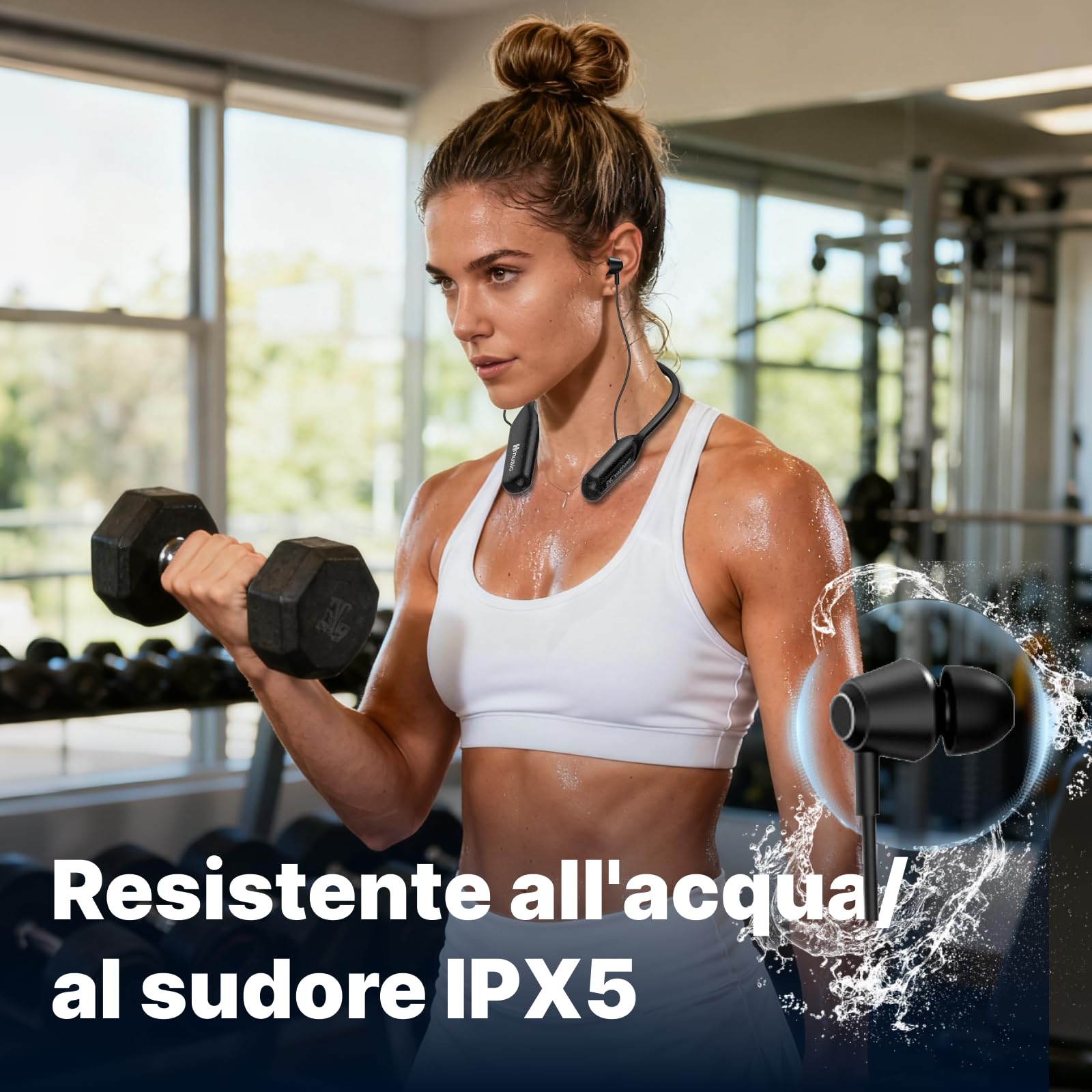 Hmusic Cuffie Bluetooth con Archetto da Collo - Batteria grande, Nero | 200 ore di riproduzione, Impermeabile IPX5, Isolamento acustico, auricolari magnetici per sport, corsa, palestra, cantiere