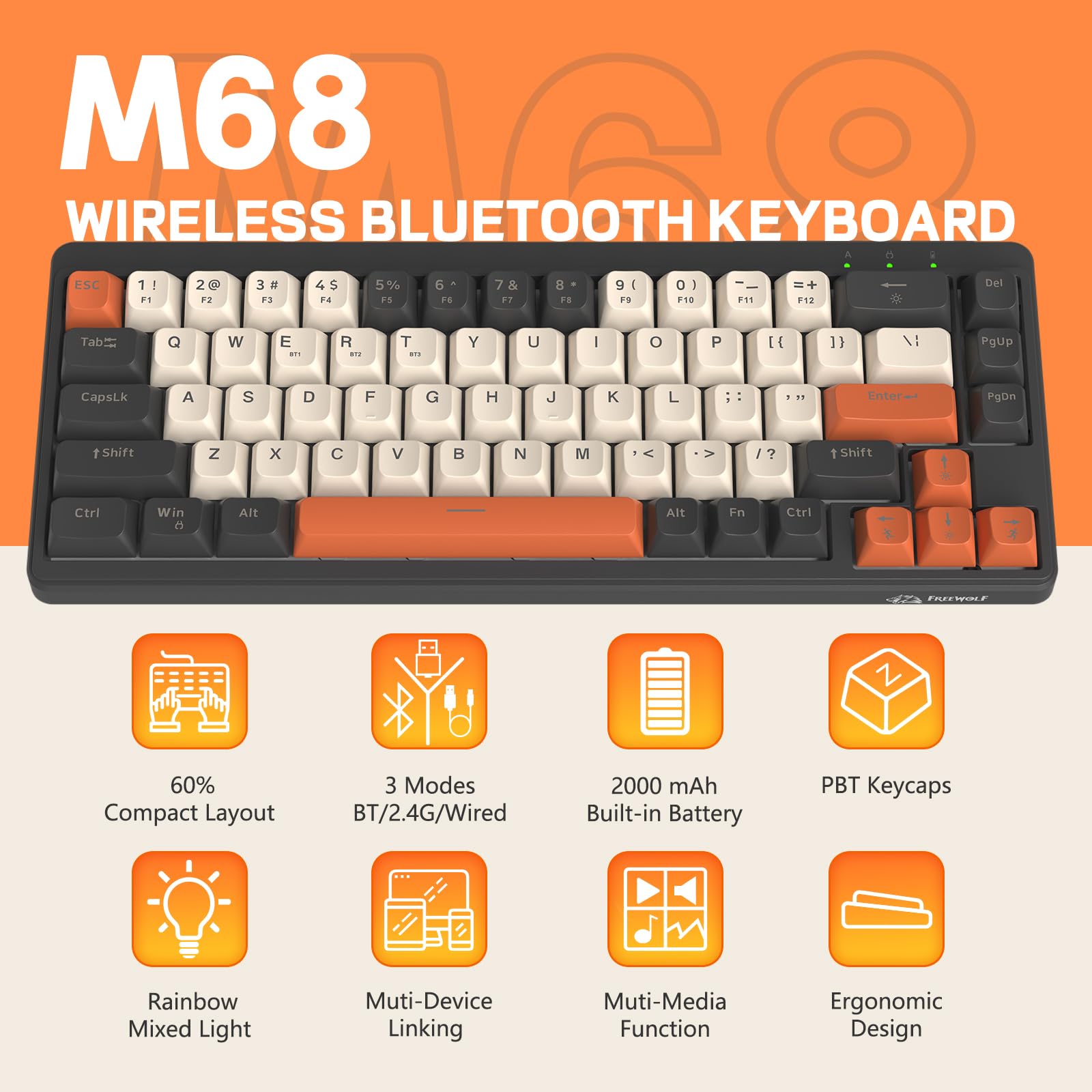 LexonElec X FREEWOLF M68 Tastiera Gaming Wireless 65%, QWERTY, BT/2.4G/Cablata, Tastiera a Membrana Silenziosa, Retroilluminazione Arcobaleno, 67 Tasti con Tasti in PBT, 2000mAh, Portatile - Grigia