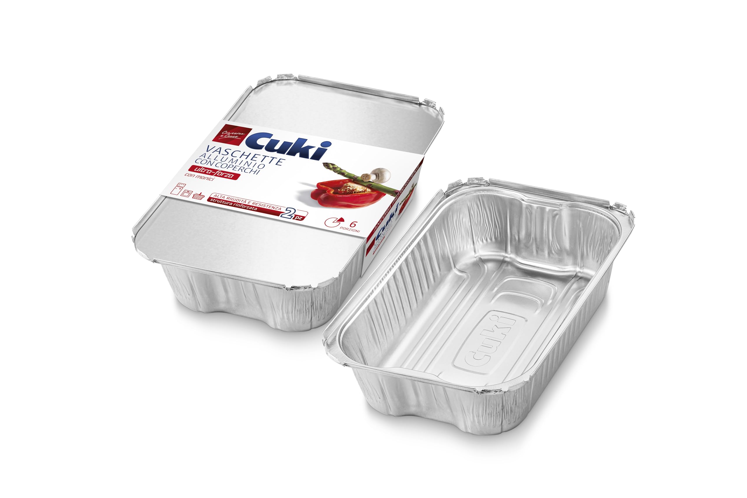 Cuki Vaschette Alluminio Con Coperchi - Ultra Forza - Con Manici - 6 Porzioni - Rettangolari [Rs99L] - 12 Confezioni Da 2 Pezzi