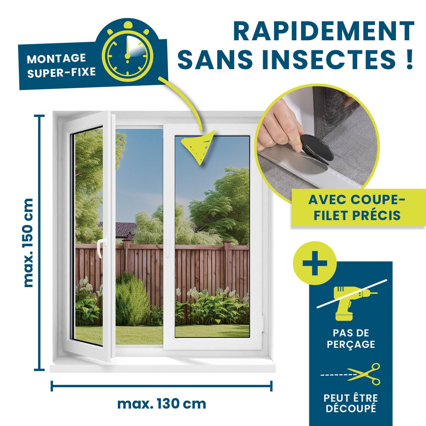 Hoberg Moustiquaire de fenêtre Fixation magnétique 150 x 130 cm découpable Noir