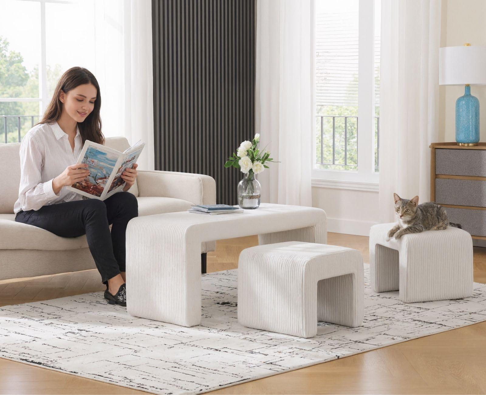 Chairus Banco Dormitorio Tapizado de Pana Moderno con 2 Taburetes de Salón Pequeños, de Entrada Montables para Hogar/Sala de Estar, Blanco