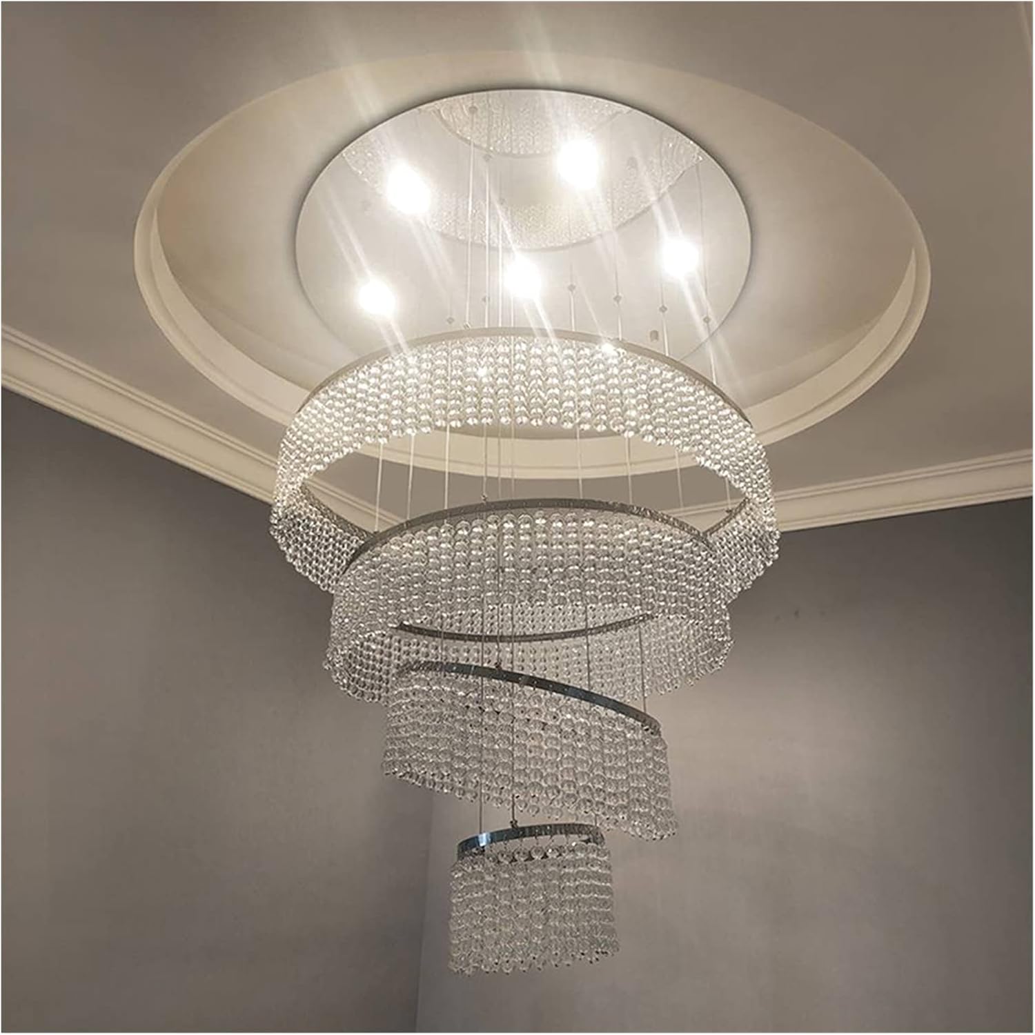 Luxury Duplex Crystal s s Luxury Atmosphere Hotel Villa Loft Stair Decorative Lights Can Be Customized (Color : Silver Size : 9Rings) (Silver 5Rings)