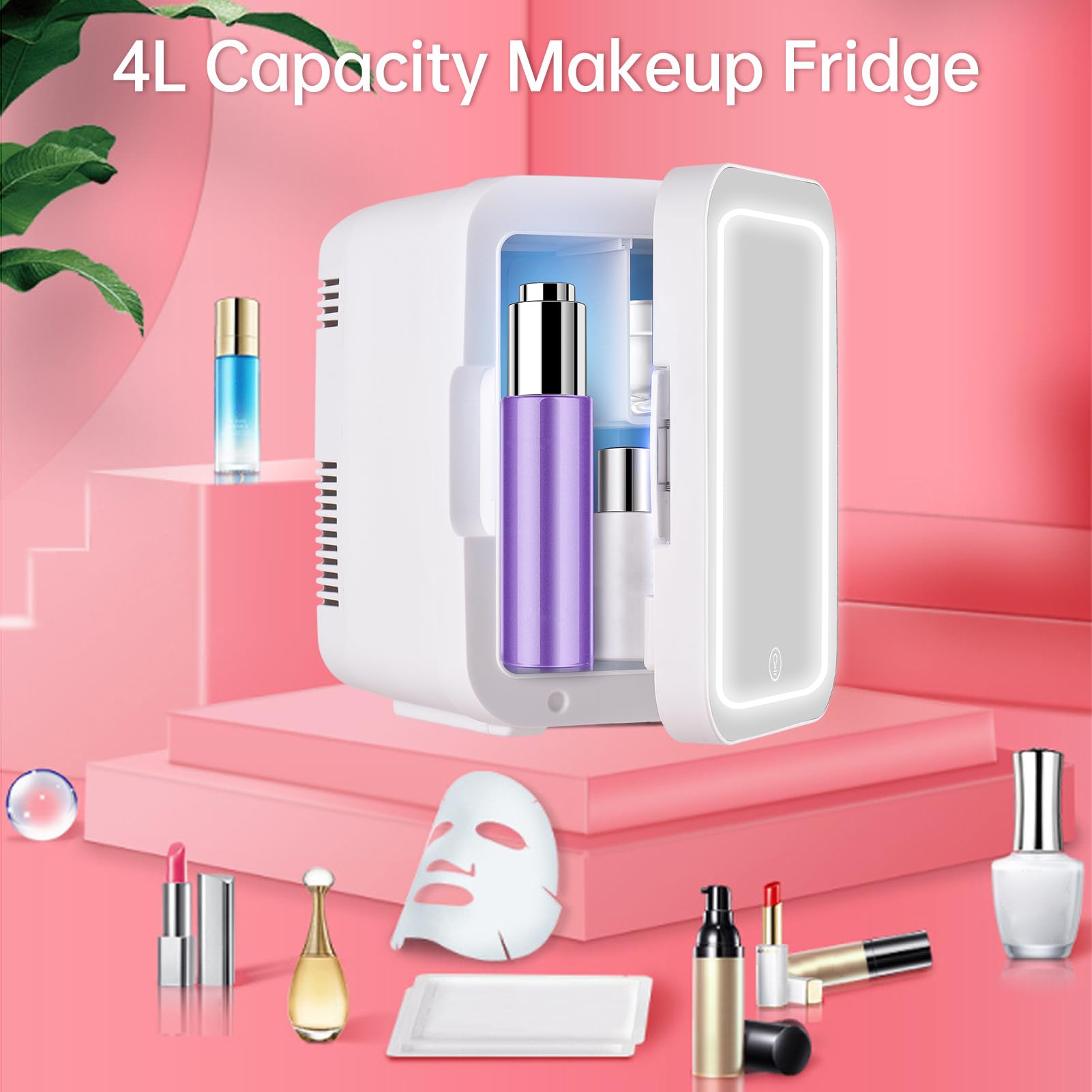 Brrnoo Frigo 4L per Cosmetici e Cura della Pelle con Specchio LED Dimmerabile, Funzione Refrigerazione/Scaldavivande, Alimentazione 12V, Adatto per Casa e Viaggio, Spina Europea