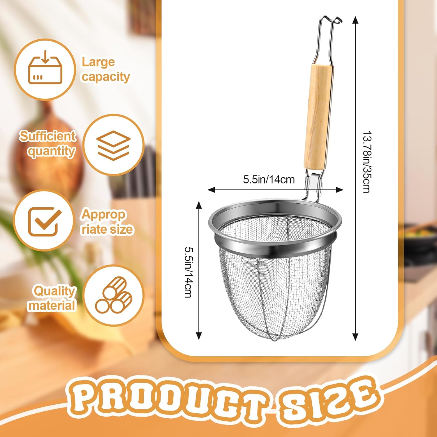 Patelai 8 Pcs Pasta Strainer Basket 5.5"x5.5" Stainless Steel Noodle Strainer with Wood Handle Kitchen Round Base Mesh Spider Basket Skimmer Food for Pasta, Ramen, Dumplings, and Deep-fried Foods