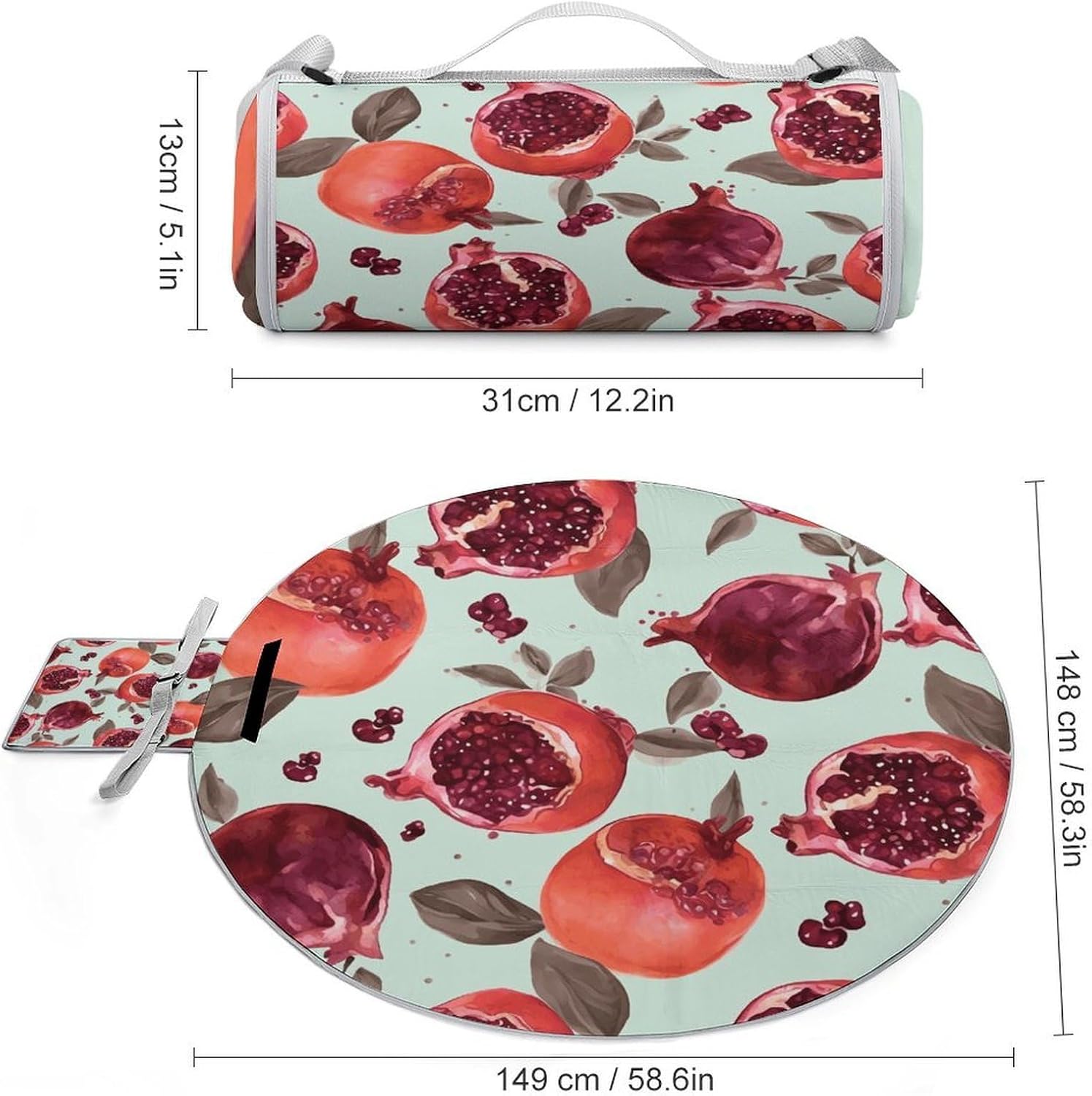 Pomegranate Pattern Picnic Blanket Foldable Outdoor Round Blankets Lightweight Beach Mats Portable Waterproof Park Sand Free Mat for Camping Hiking Sports Activities