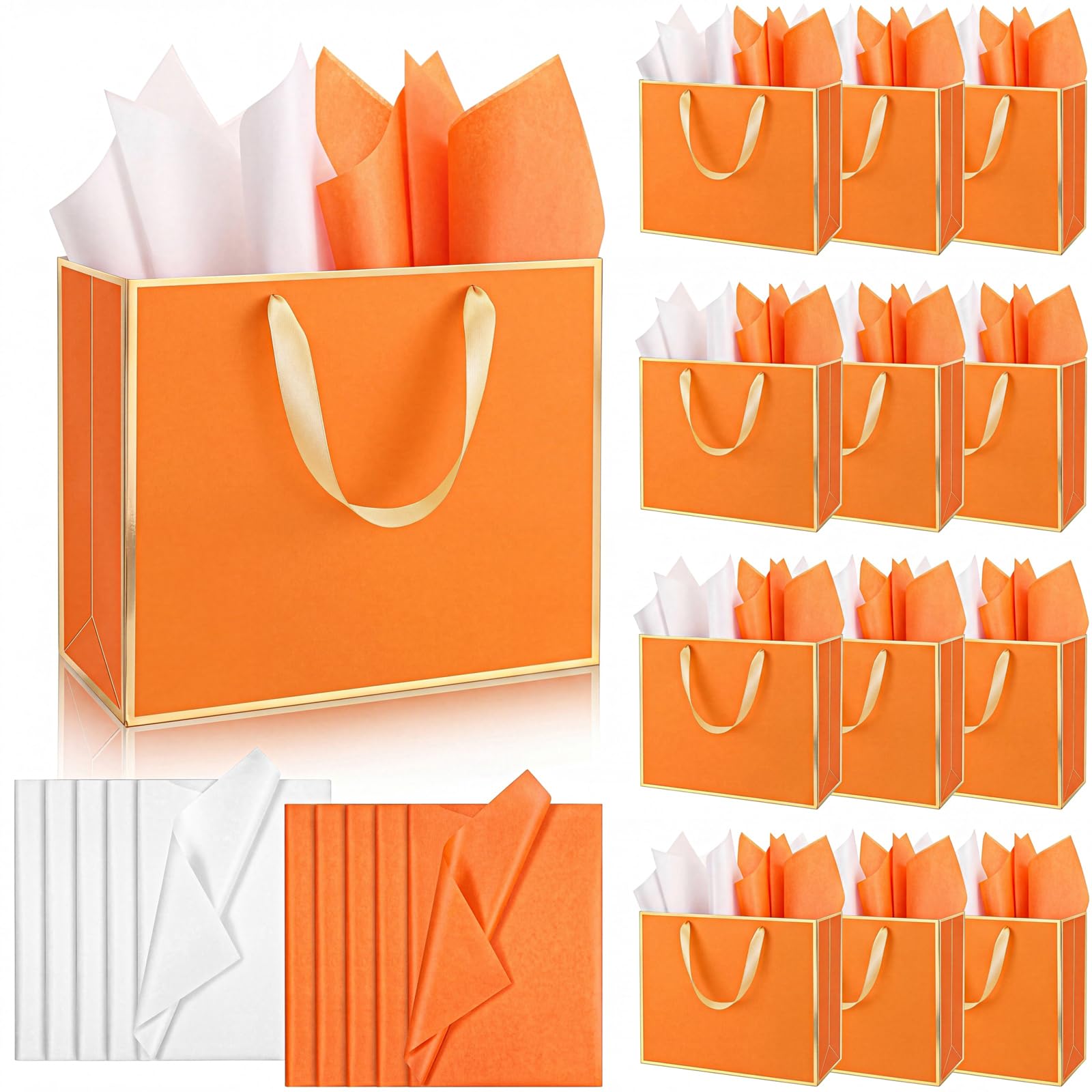 ReliThick 12 Pack Paper Gift Bag with Handles &amp; Tissue, Orange, Gold