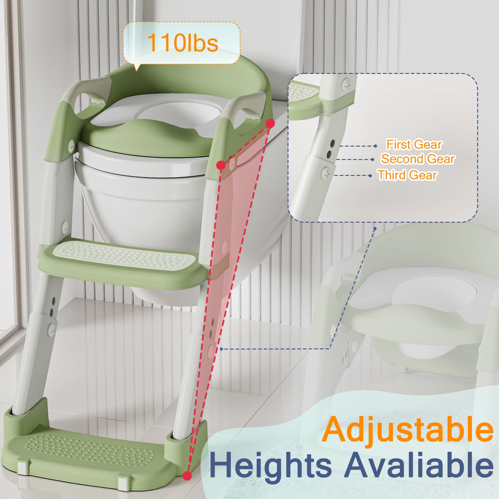 Potty Training Seat with Step Stool Ladder, 3-in-1 Toddler Toilet Seat and Potty Chair with Splash Guard, Anti-Slip Pad Adjustable, Potty Training Toilet for Kids Boys Girls Toddlers Green - 5