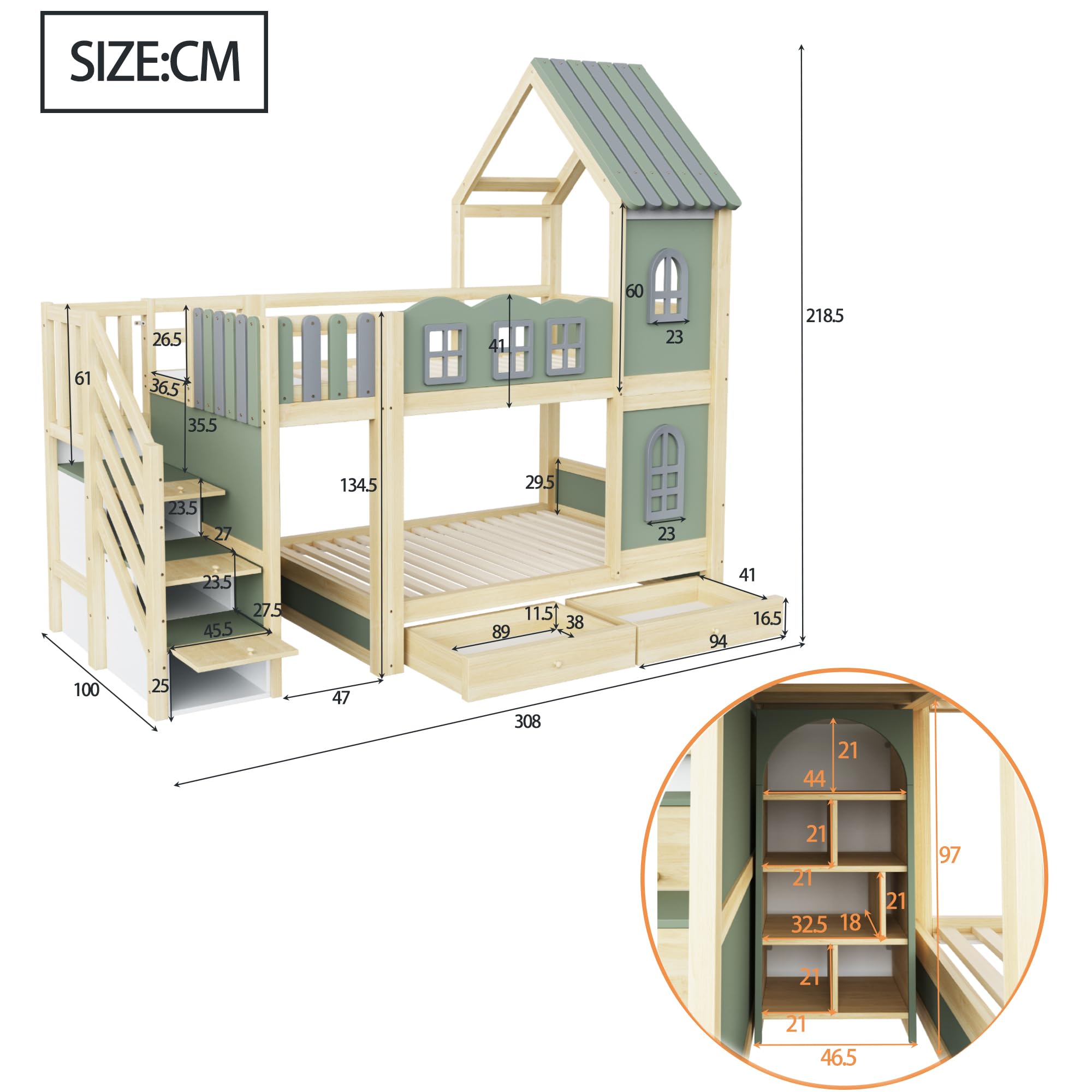 Letto Casetta per Bambini Ragazzi 90x200cm con Scaletta Contenitore, Mensole e Cassetti, Tetto con finestre, Letto a Castello Matrimoniale con Rete a Doghe (Verde) Senza Materasso
