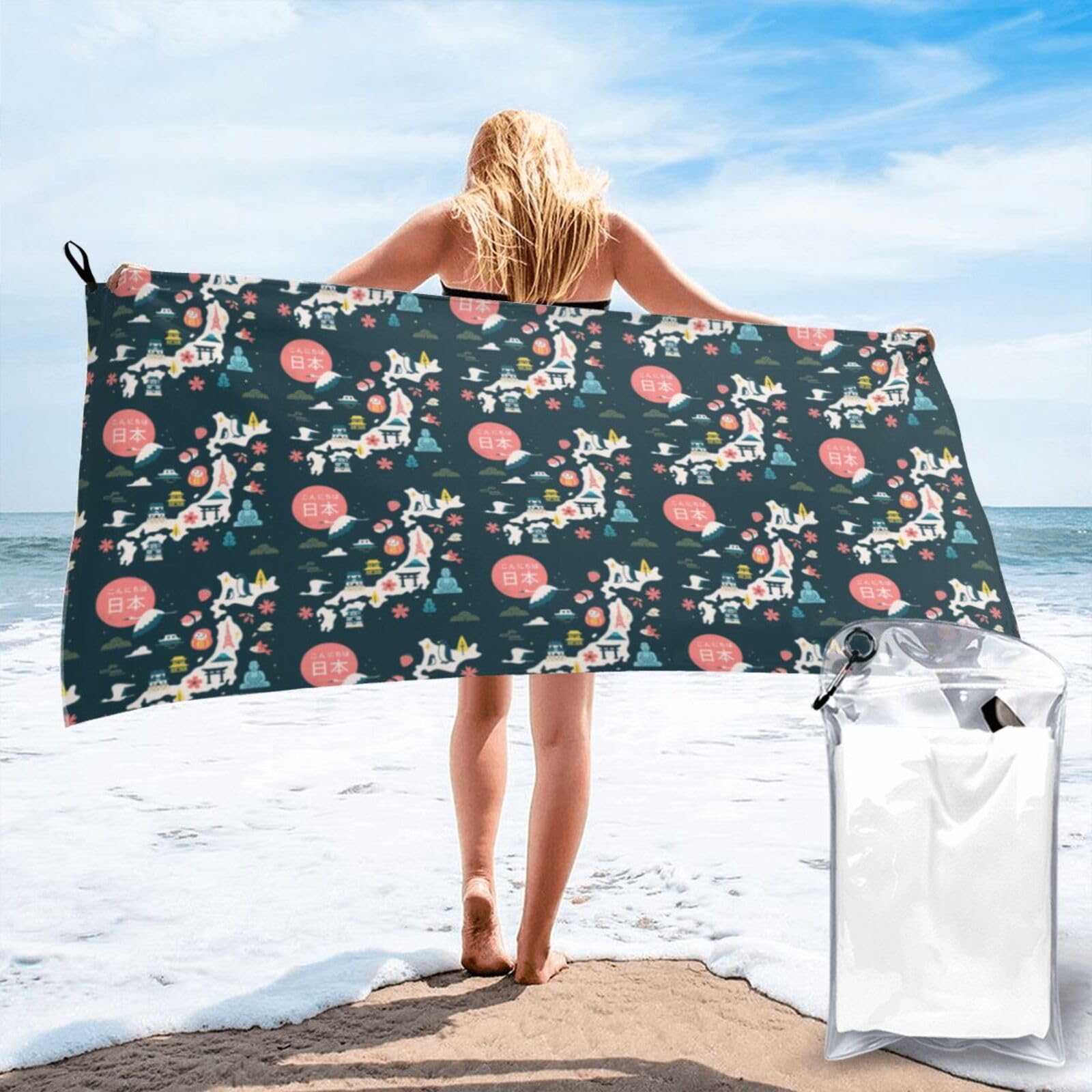 FHIZOAL Japan Map With Cultural Quick Dry Towel Microfibre Towel Super Absorbent Ultra Compact Gym Sports Beach Camping Travel