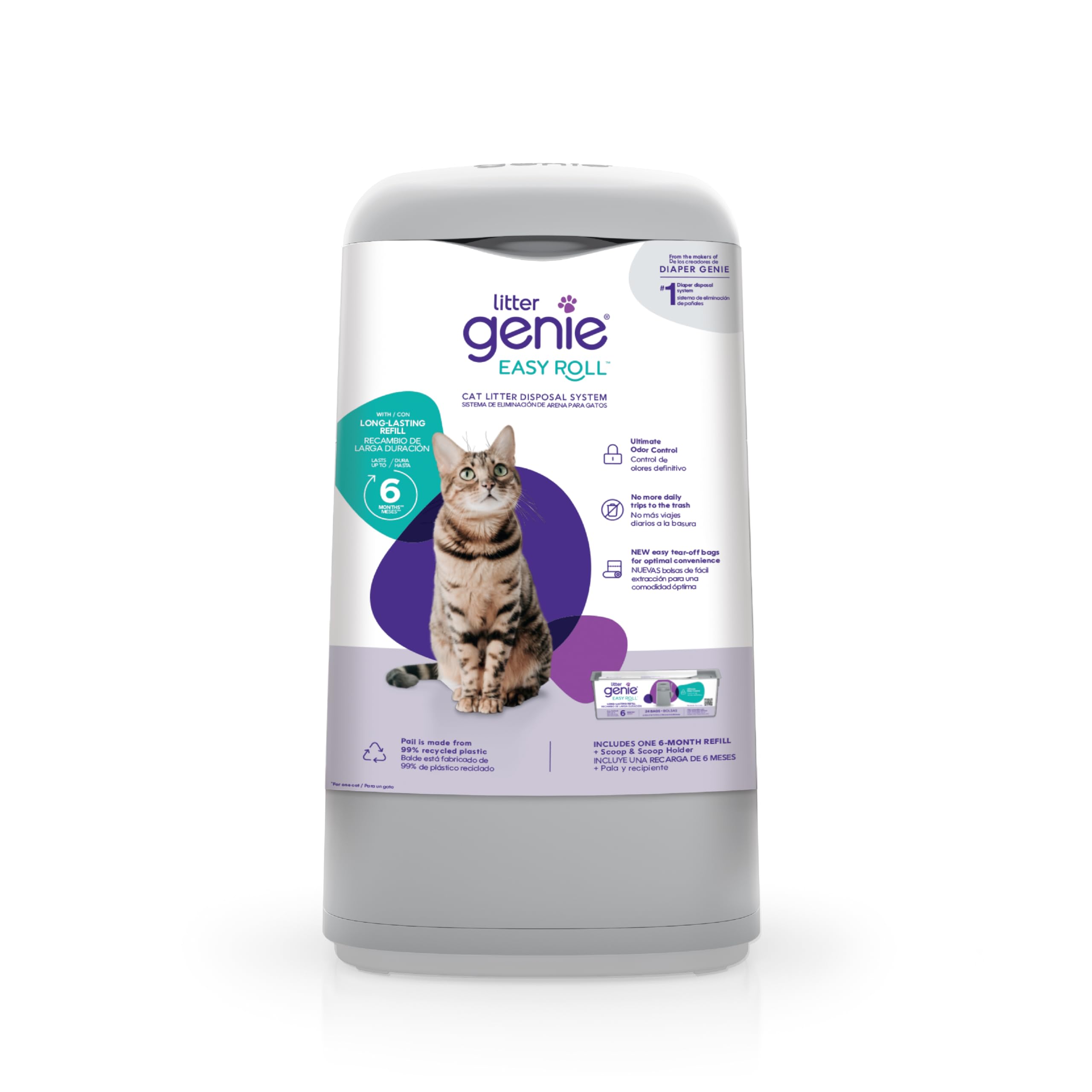 Litter Genie Easy Roll Pail, Sistema de eliminación de Arena para Gatos, Control de olores definitivo, Limpieza sin Esfuerzo, Incluye 1 Recambio con 12 Bolsas (3 Meses)