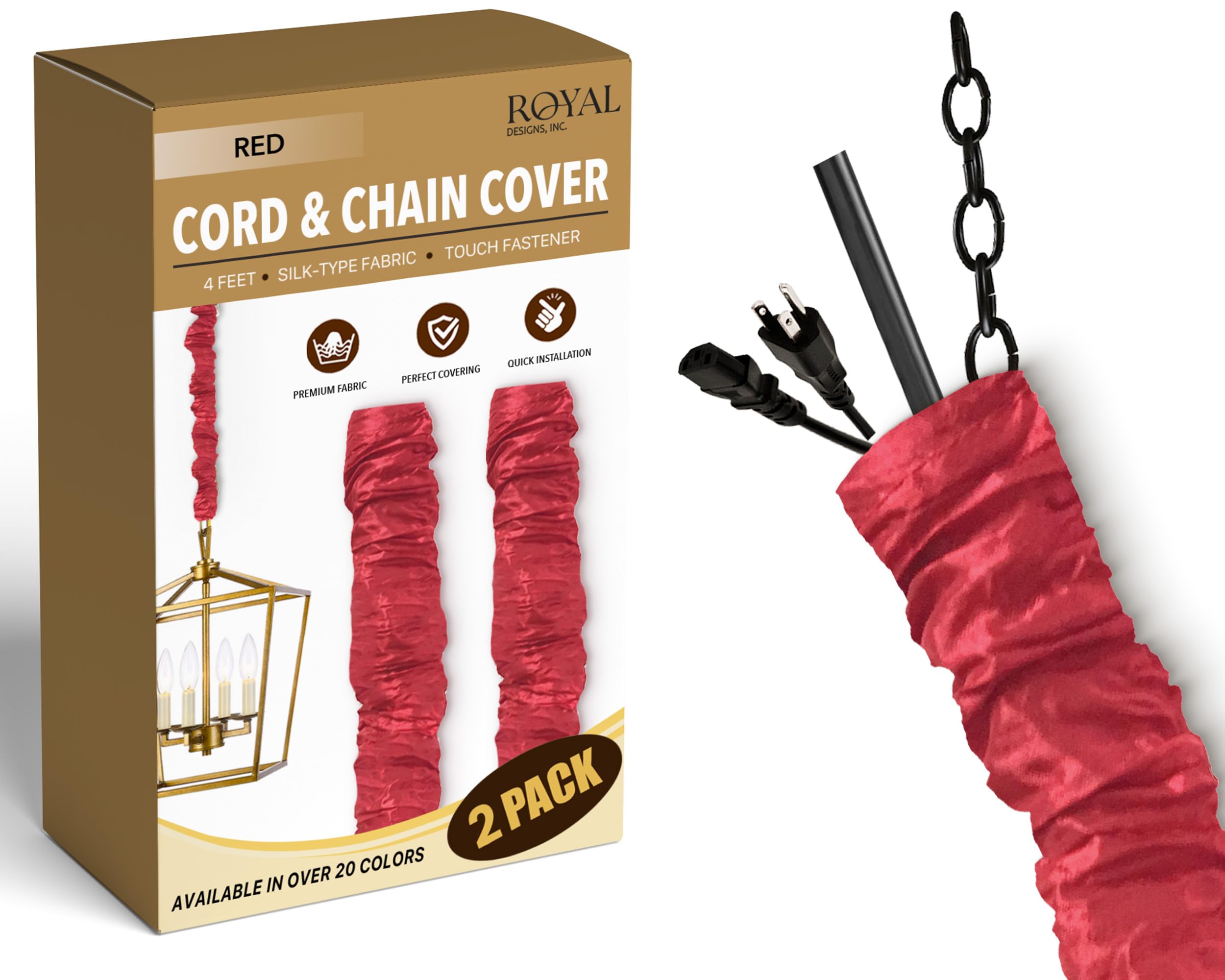 Royal Designs, Inc. Cord &amp; Chain Cover 4 ft Silk Type Fabric, Chandelier Pendant Lighting Chain &amp; Cable Management, Touch Fastener, Red - 2 Pack