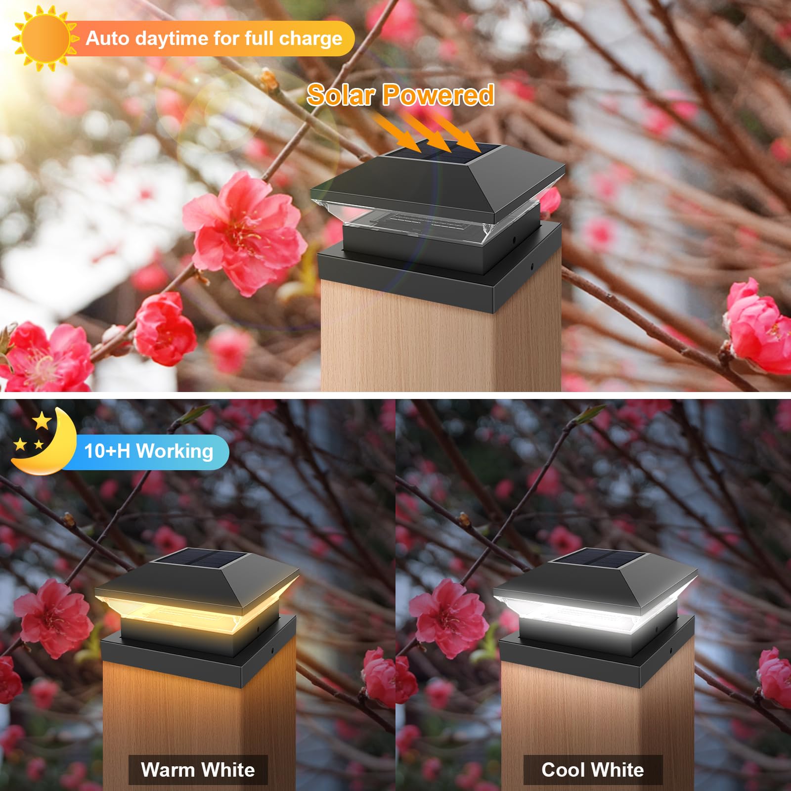 T-SUNUS 4 Pack Solar Post Lights Outdoor LED Warm/White Light Solar Modern Fence Deck Cap Lights IP65 Waterproof Auto On/Off Column Lamp Decoration for Garden Deck Patio (5 * 5in) - Image 3