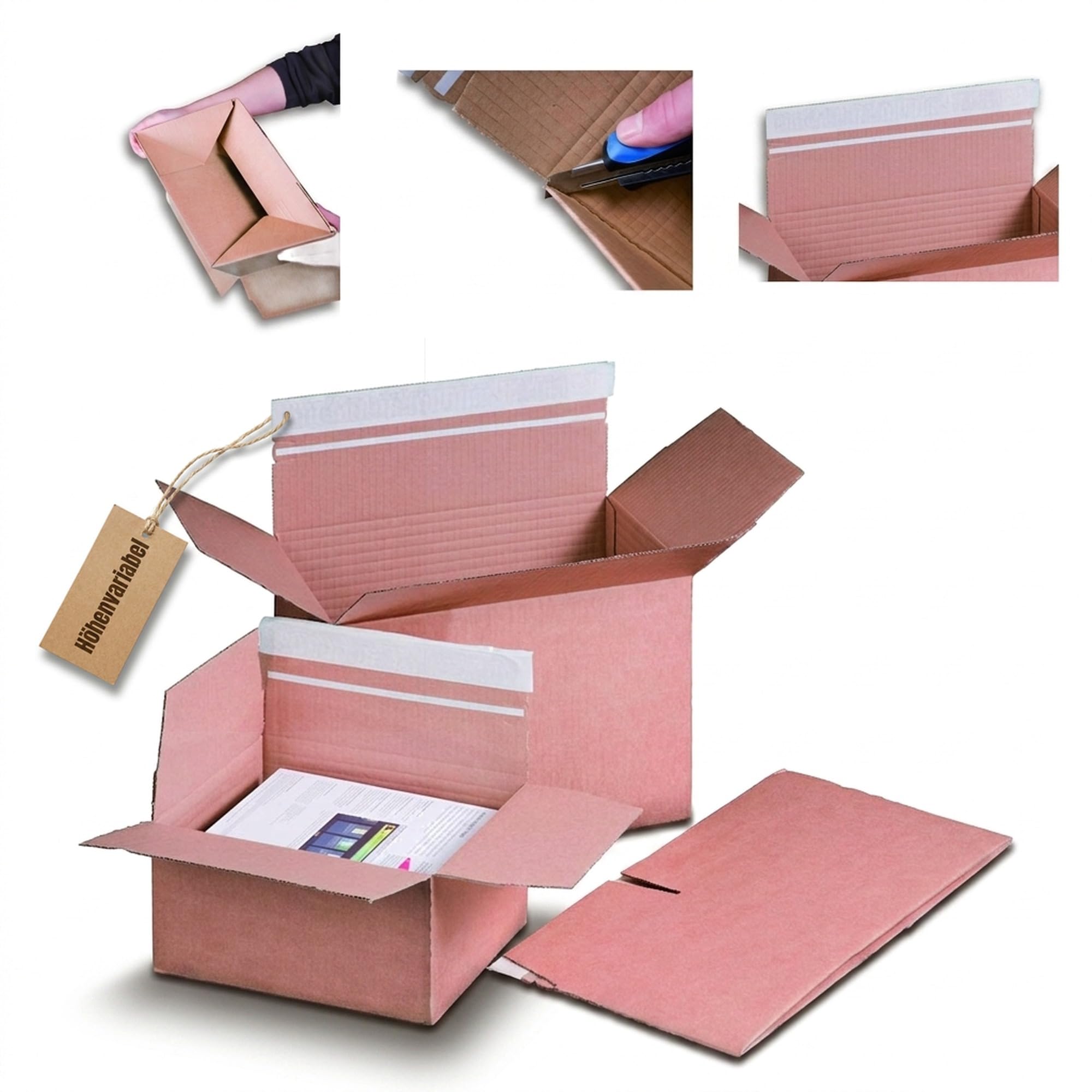 KK Verpackungen Versandkarton mit Automatikboden höhenvariabel | 100 Stück, DIN A5+, 230x165x50-115mm | Selbstklebestreifen & Aufreißfaden | Wellpappe 1.20 B-Welle Faltkarton