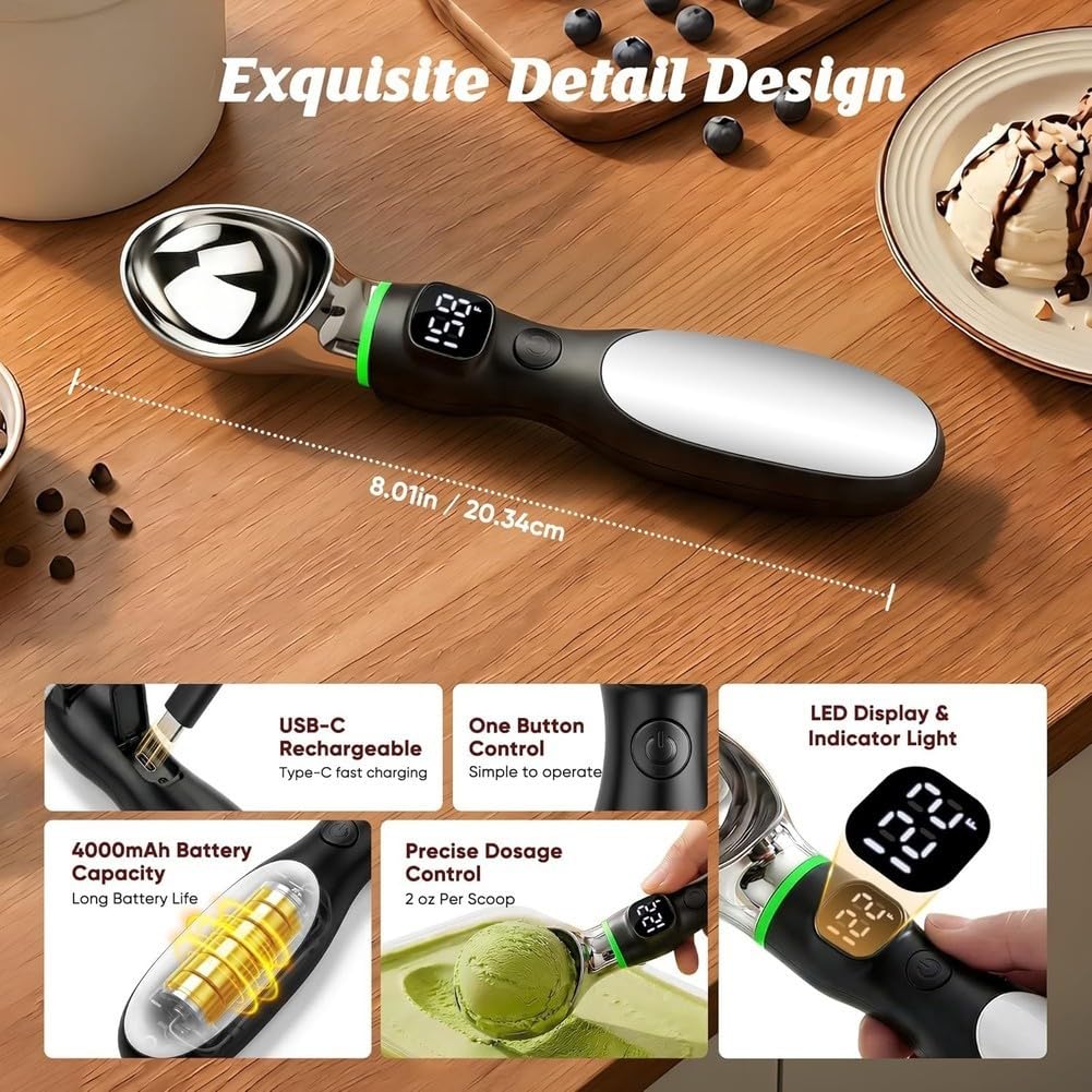 Cuillère à Glace Chauffante, Cuillère à Glace Électrique Rechargeable avec Affichage LED, 3 Niveaux de Chaleur 122°F/140°F/158°F