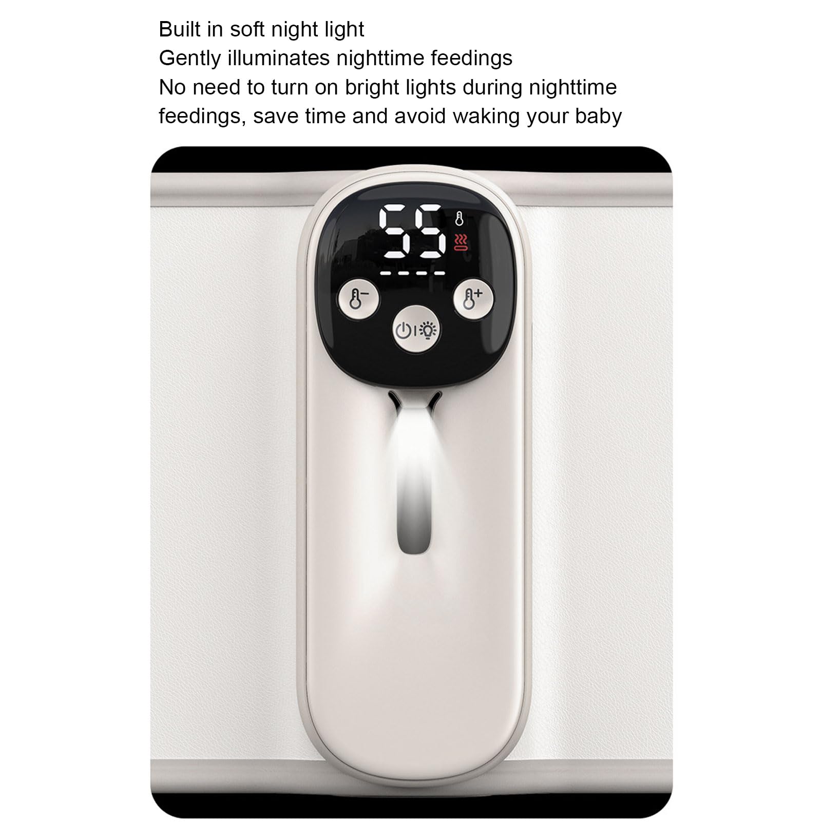 Scaldabiberon per Senza Fili Portatile con 11 Impostazioni di Temperatura Riscaldamento a 360° Display Digitale per Bottiglie da 2,56-3,15 Pollici Luce Notturna Cinghia Regolabile (Beige)