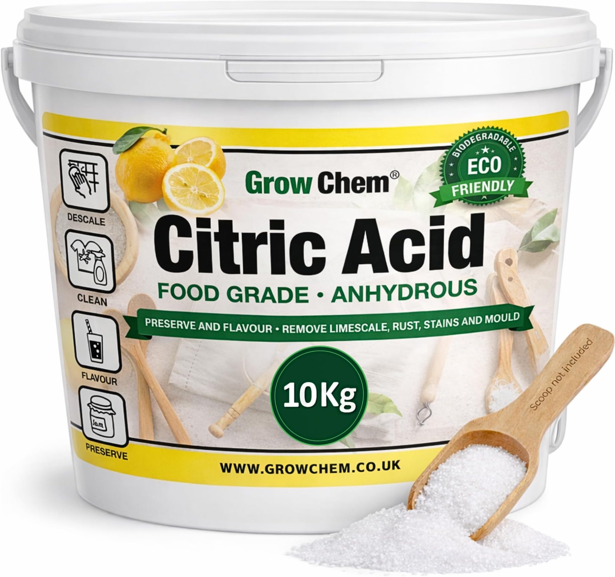 Grow Chem Citric Acid (10Kg Bucket) โ Pure Anhydrous, Food Grade Citric Acid for Cleaning, Descaling, Food Preservation, Flavouring and making Bath Bombs.