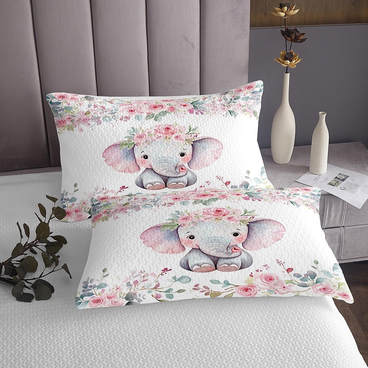 Erosebridal Girls Kawaii Elephant Coverlet Set Twin,Cute Rose Elephant Kids Bedspread Set Pink Floral Animal Quilt Set,Watercolor Flower Wildlife Bedding Set 2 Pcs