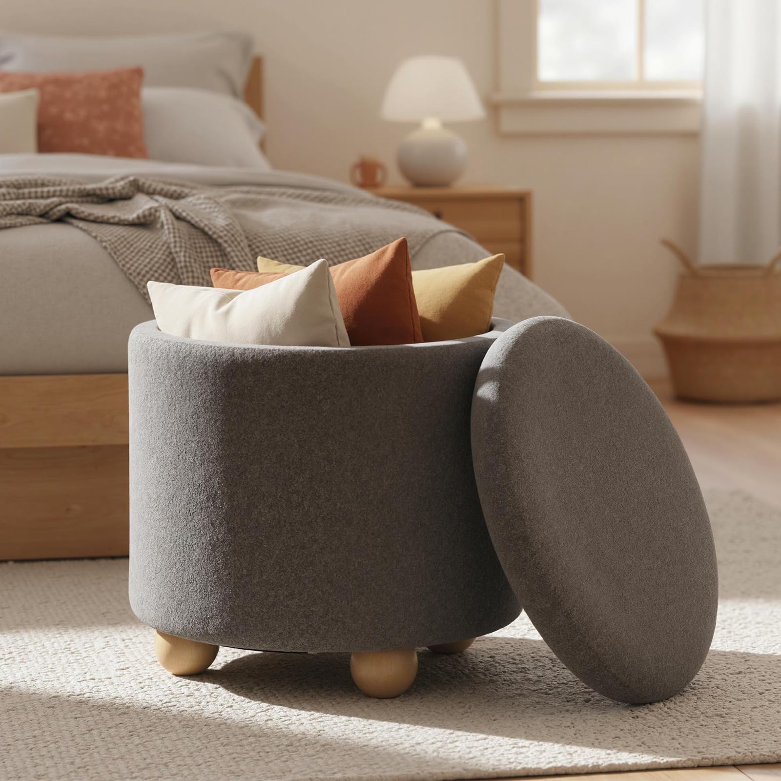 GIANTEX Sitzhocker mit Stauraum, Fußhocker rund aus Chenille-Stoff mit Deckel, Rutschfesten Holzbeinen, Schminkhocker für Wohnzimmer, Schlafzimmer, bis 150 kg belastbar, Φ 44,5 x 44,5 cm (Grau)