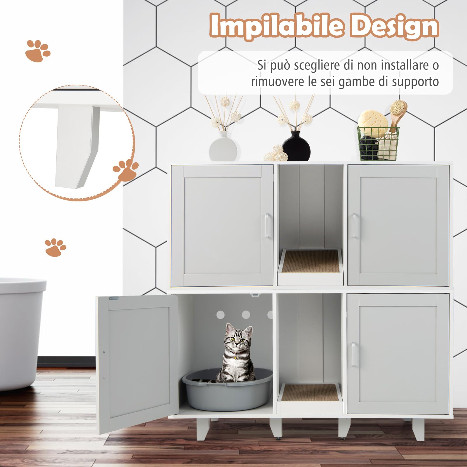 COSTWAY Mobile per Lettiera per Gatti 120 x 52 x 65 cm, Casetta per Gatti con 2 Ante, Fori, Tiragraffi e Gambe Staccabili, Mobile Versatile e Moderno per Salotto (Bianco e grigio)