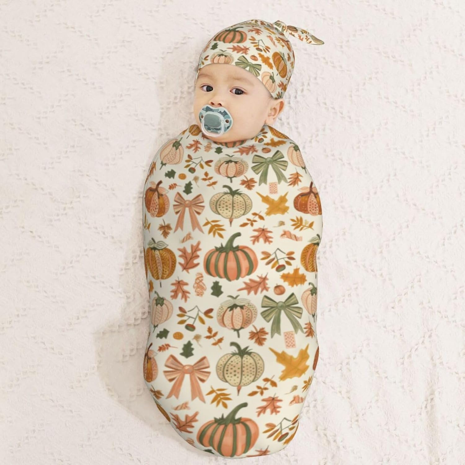 Autumn Pumpkins and Bows Newborn Swaddle Blankets Hat Sets Soft Baby Receiving Blanket Swaddle Sack for Baby Shower Infant Boy Girl Gift - Image 3