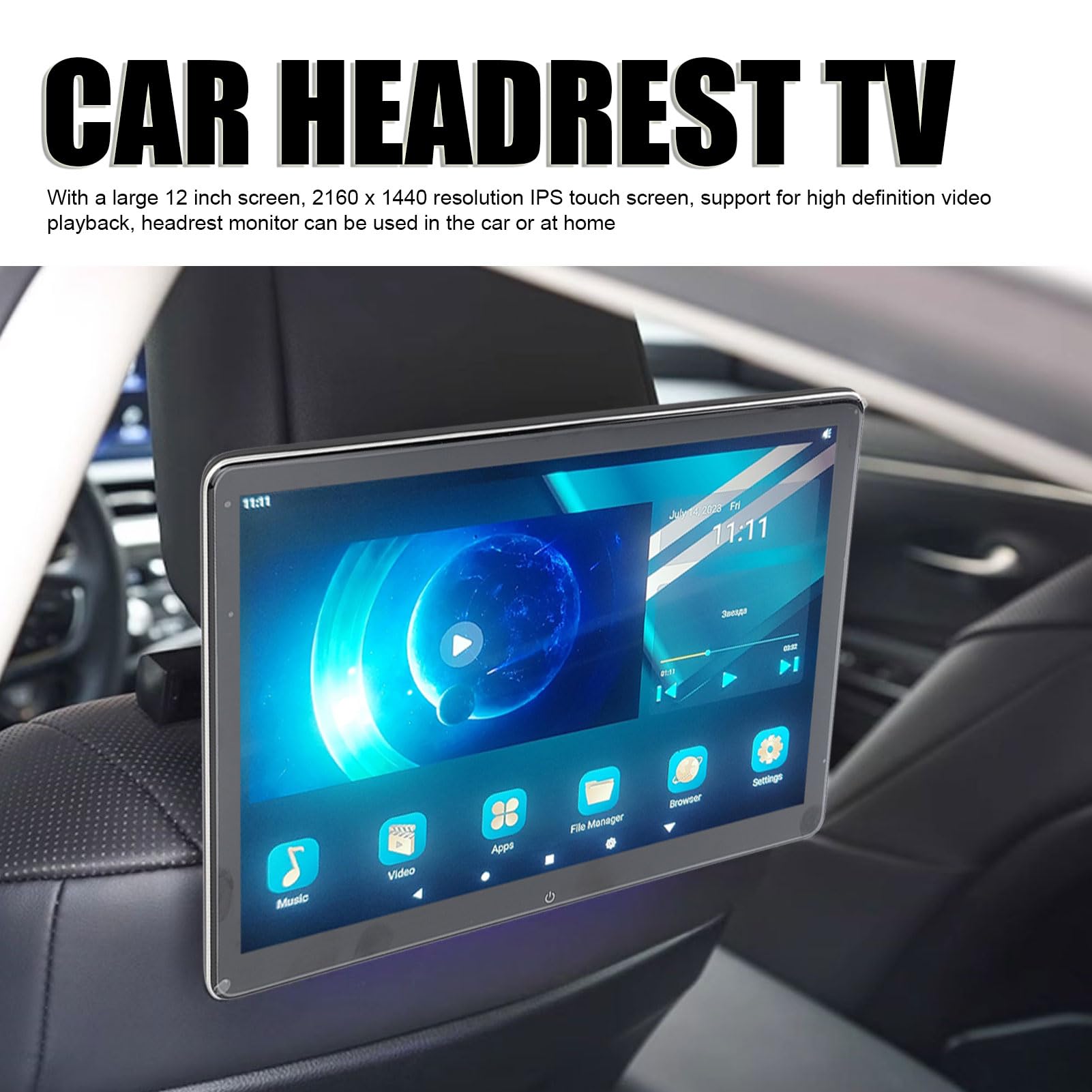 Monitor para reposacabezas, 1 par de 12 Pulgadas, Pantalla para Respaldo de Asiento de TV para automóvil, 2160x1440, Android 11, Entrada WiFi AV, Compatible con Serie 5 (2+32G)
