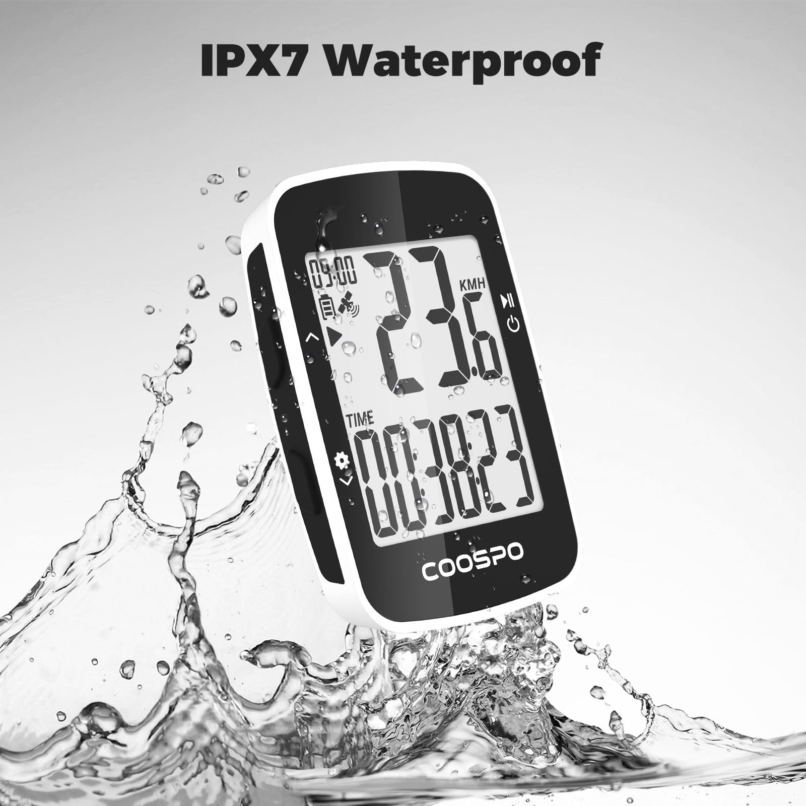 COOSPO BC26 Compteur Velo sans Fil GPS, Bluetooth 5.0 Ordinateur Vélo GPS Kilométrique Odomètre, Écran LCD rétroéclairé de 2.3 Pouces Compatible avec Strava, Route et VTT