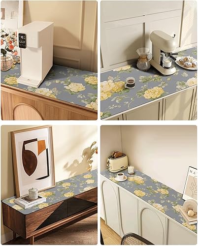 Miniatura 6 de Salvamanteles y camino de mesa resistentes al calor, estilo acuarela, fondo gris con flores amarillas, protector de mesa para ollas calientes,