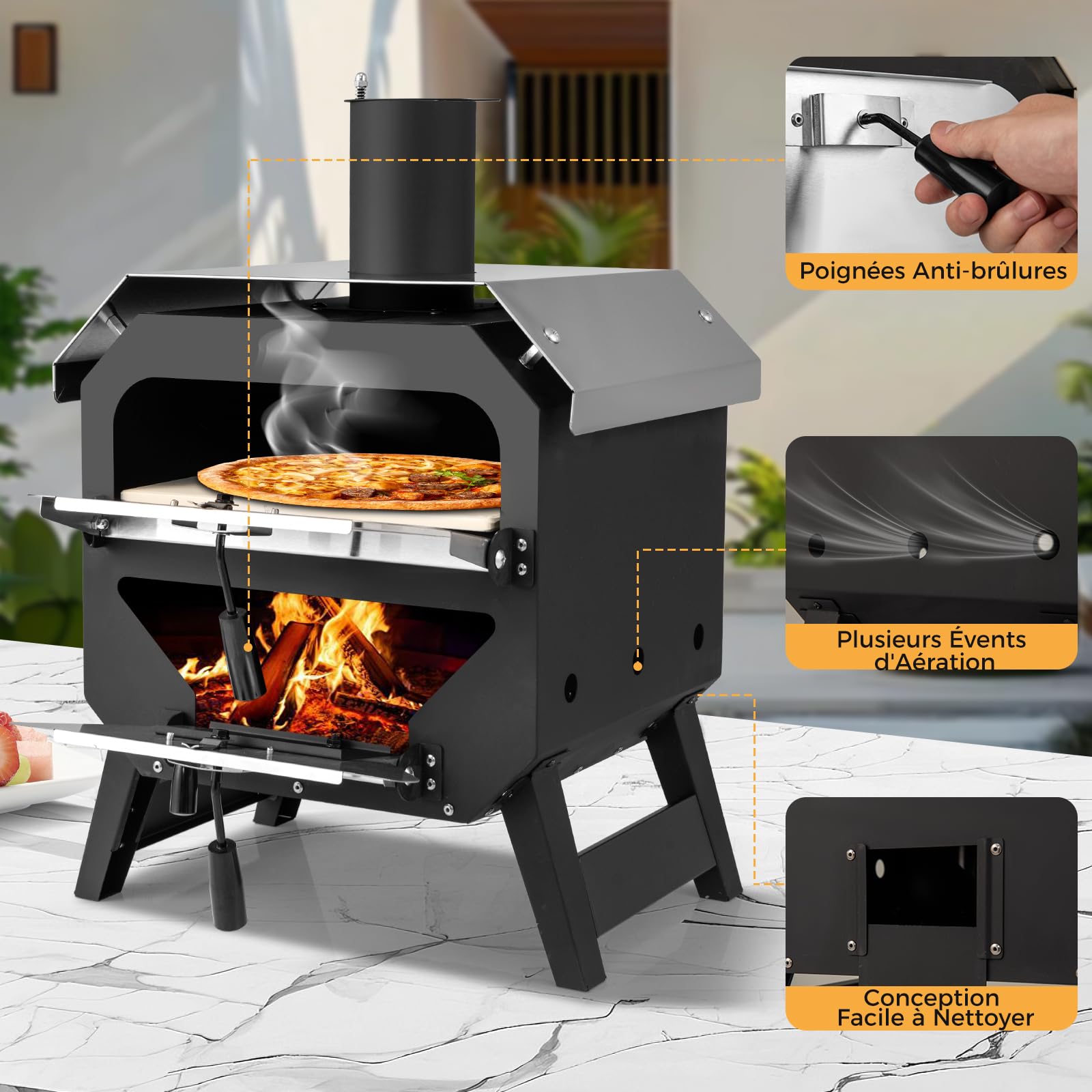 GYMAX Four à Pizza Extérieur à Bois ou à Pellets, Pierre de Cuisson, 510℃, Acier Anti-brûlure, Compact pour BBQ Camping