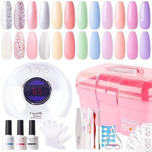 Juego de esmalte de uñas de gel Candy Lover. 0.35 oz, con lámpara de 36 W, , colores arcoíris macarrones con capa superior base mate UV LED, juego